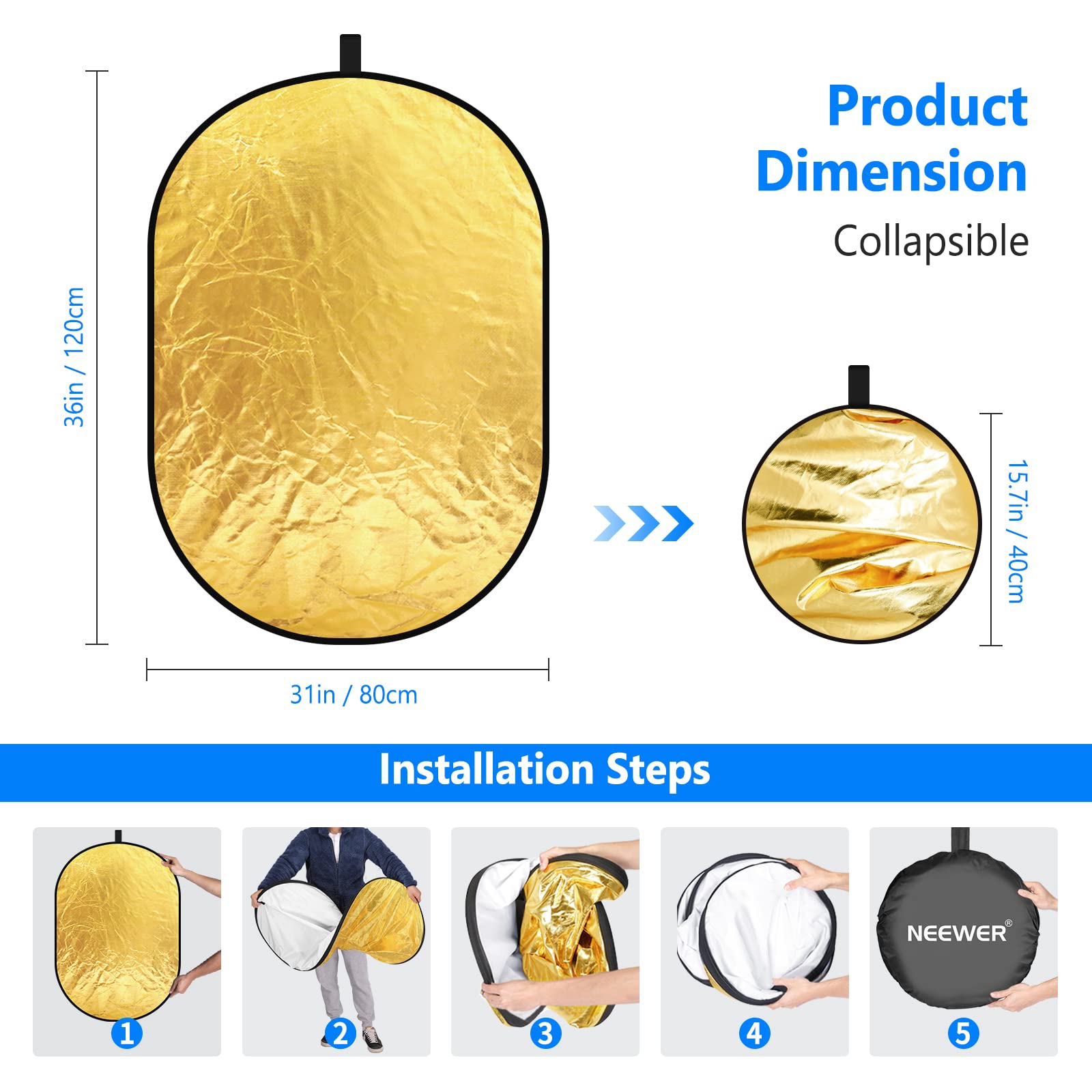 Neewer 31''X47''/80X120Cm Light Reflectors For Photography, Portable 5 In 1 Collapsible Multi Disc With Bag   Translucent, Silve