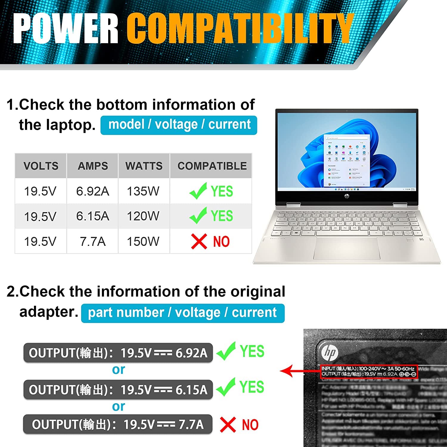 YOBVTBF 135W HP Laptop Charger AC Adapter for Spectre x360, OMEN Pavilion 15/17, Compatible Power Supply Cord, TPN-DA11/TPN-CA