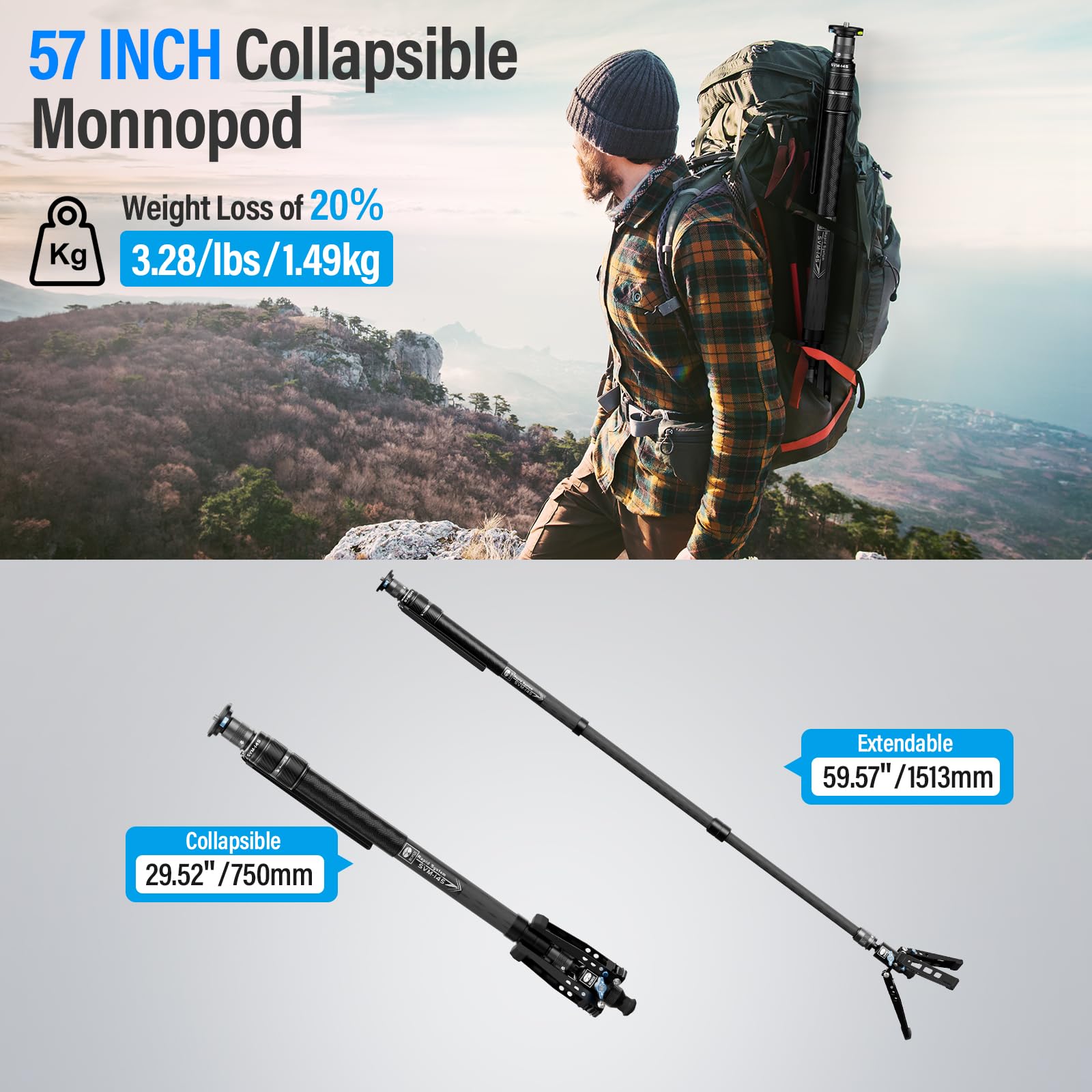 Sirui Svm 145 Rapid Monopod With Feet, 57� Professional Carbon Fiber Camera Monopod, One Step Rapid Height Adjustment, Lightweight Travel Monopod For Dslr Camera, Modular 3 In 1, Max Load 22Lbs