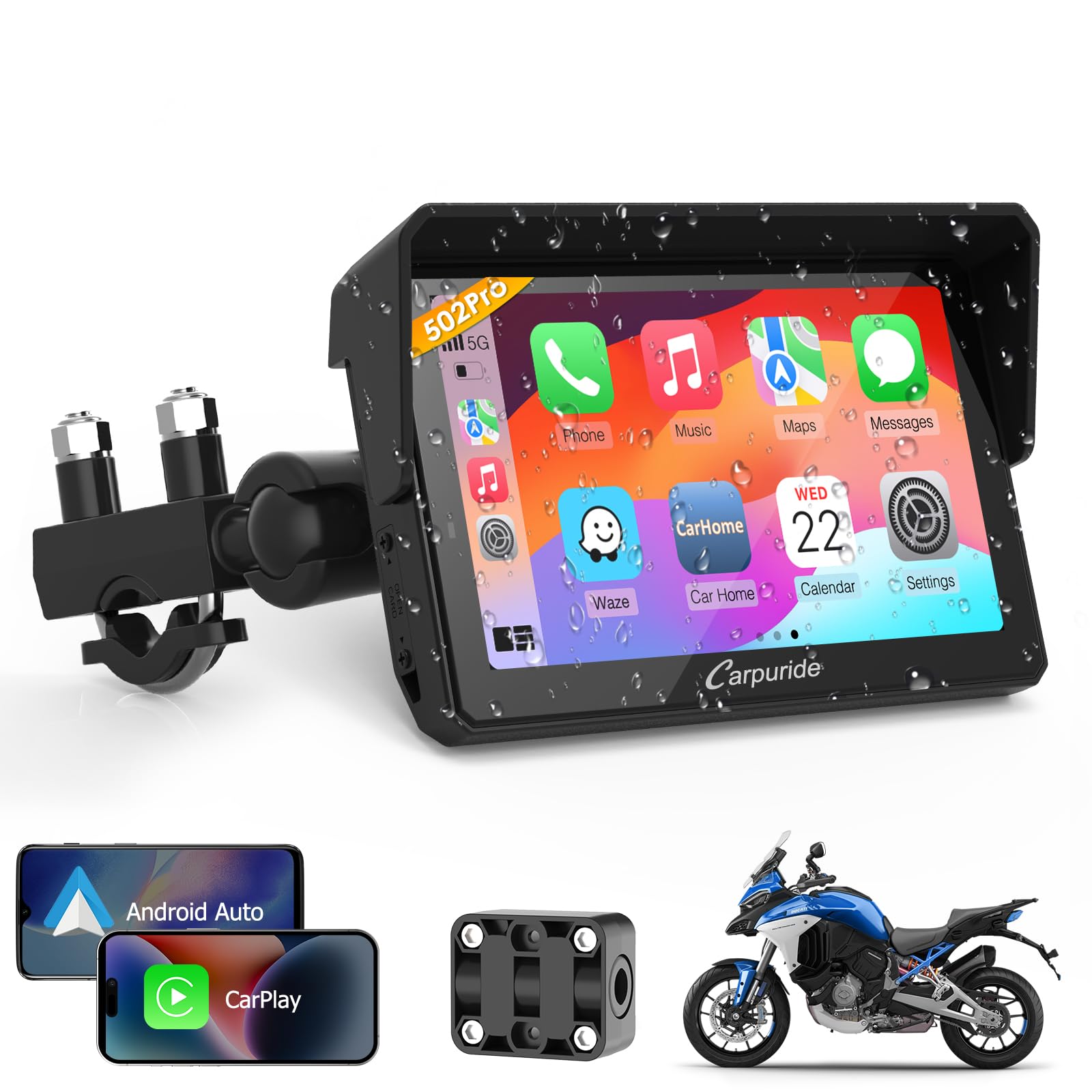 Carpuride W502Pro For Motorcycle Carplay& Android Auto& Dual Bluetooth - 5'' Waterproof Gps Navigation Screen For Motorbike, Mus