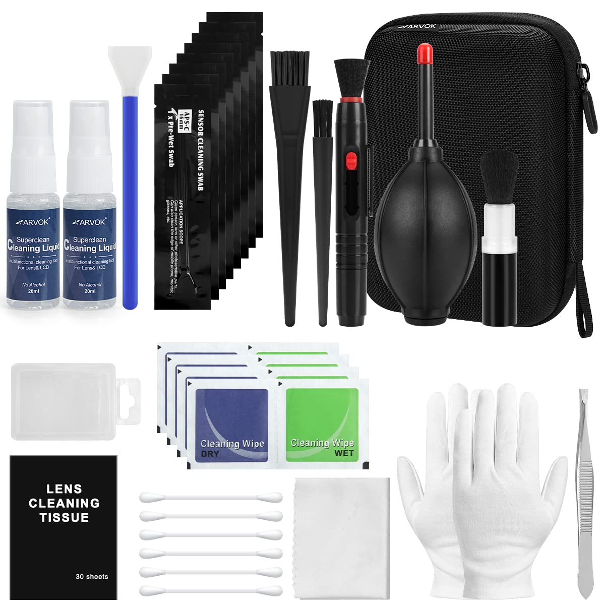 Arvok Professional Camera Cleaning Kit(32 Pcs), Including Air Blower/Cleaning Pen/Cleaning Spray/Cleaning Cloth/Lens Brush, Lens