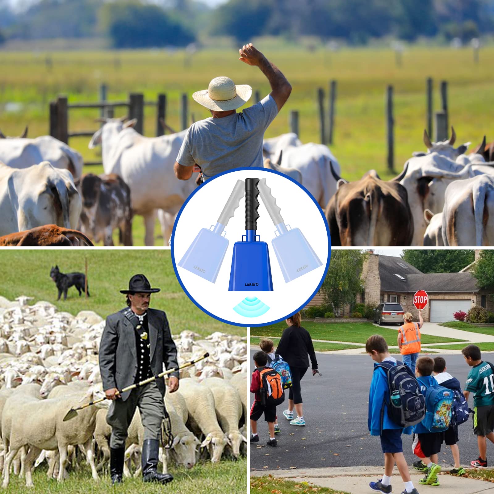 8 Steel Cow Bell, Lekato Noise Makers Cowbell With Handle For Sport Events Cheering Hand Bell For Football Games,Party, Concert,