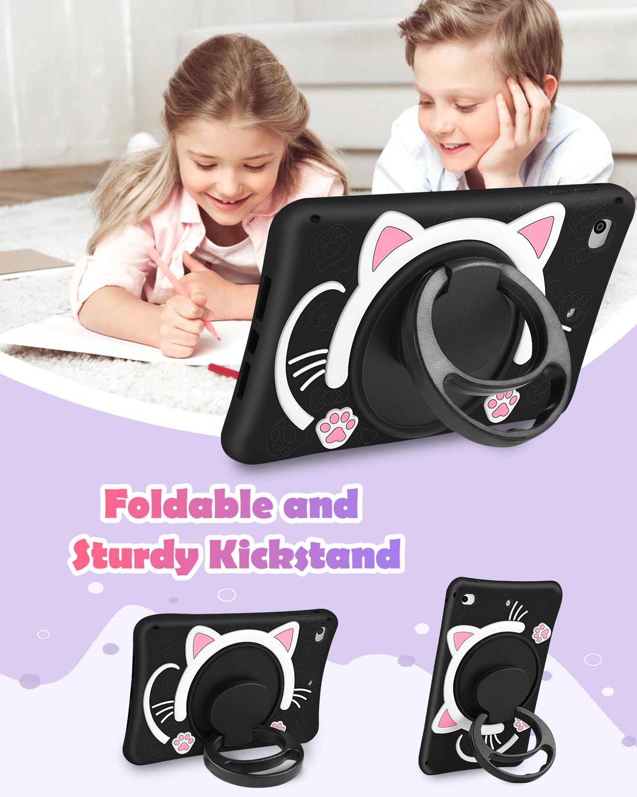 Wazzasoft For Ipad Mini 4/5 Case 7.9 Inch Girls Cute Black Cat Cover Kawaii Girly 3D Cartoon Women Kitten With Rotating Handle S