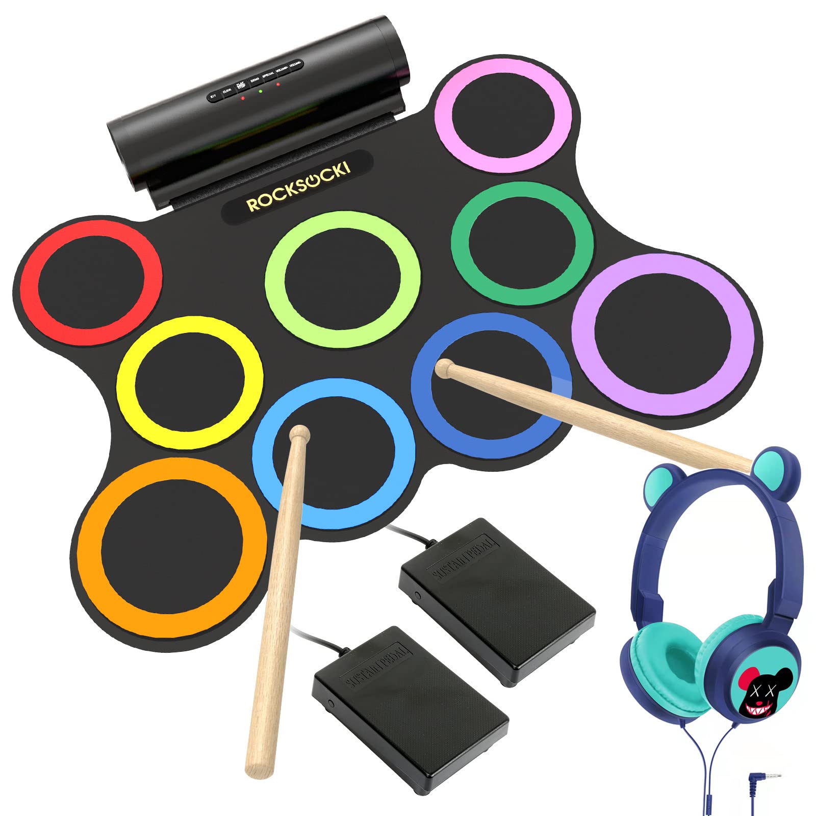 Rocksocki Electric Drum Set 9 Pad With Headphone, Bigger Roll Up Drum Pad Usb Midi Game, Built In Speaker, Drum Sticks, Foot Ped