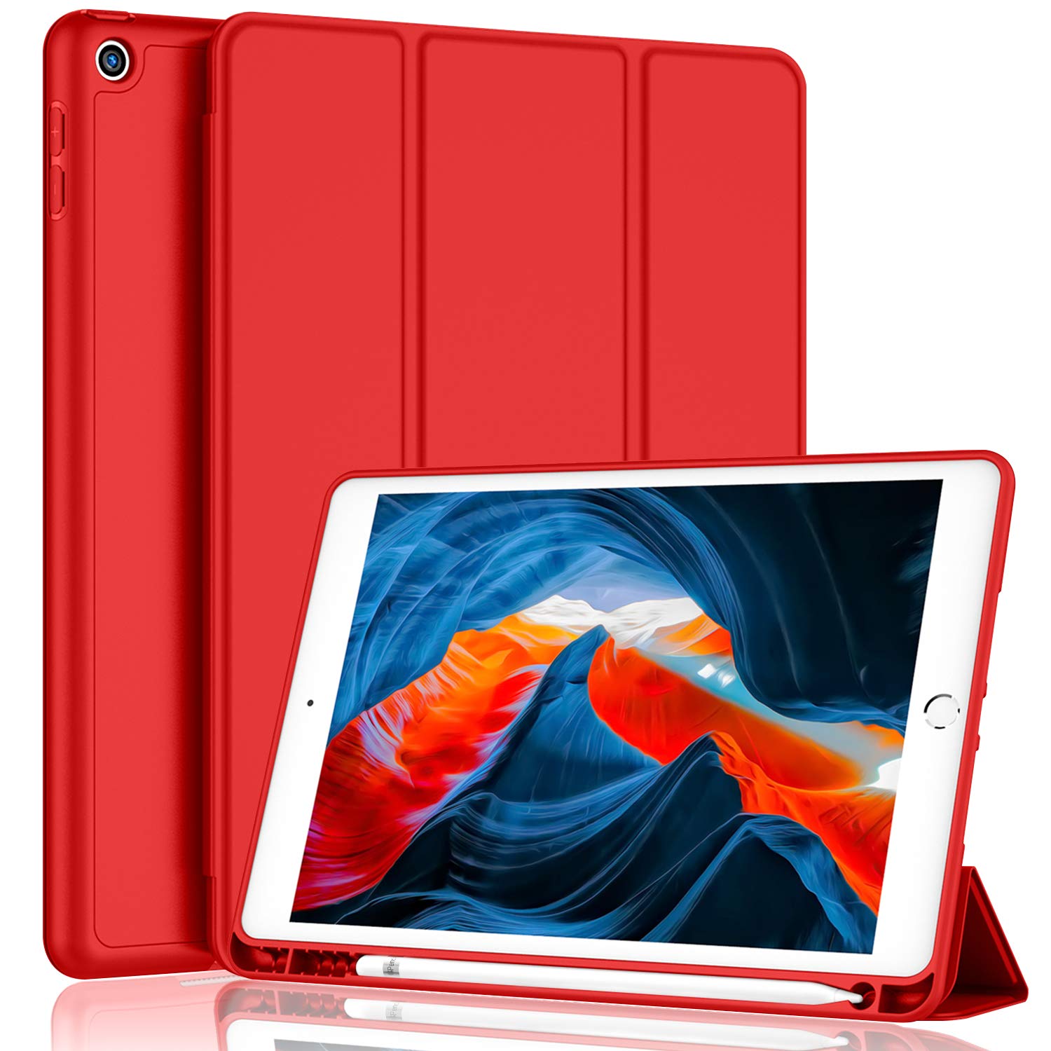 Imieet Ipad 9Th Generation Case 2021/Ipad 8Th Generation Case 2020 10.2 Inch With Pencil Holder, Ipad 7Th Gen 2019 Case With Soft Baby Skin Silicone Back, Auto Wake/Sleep Cover (Red)