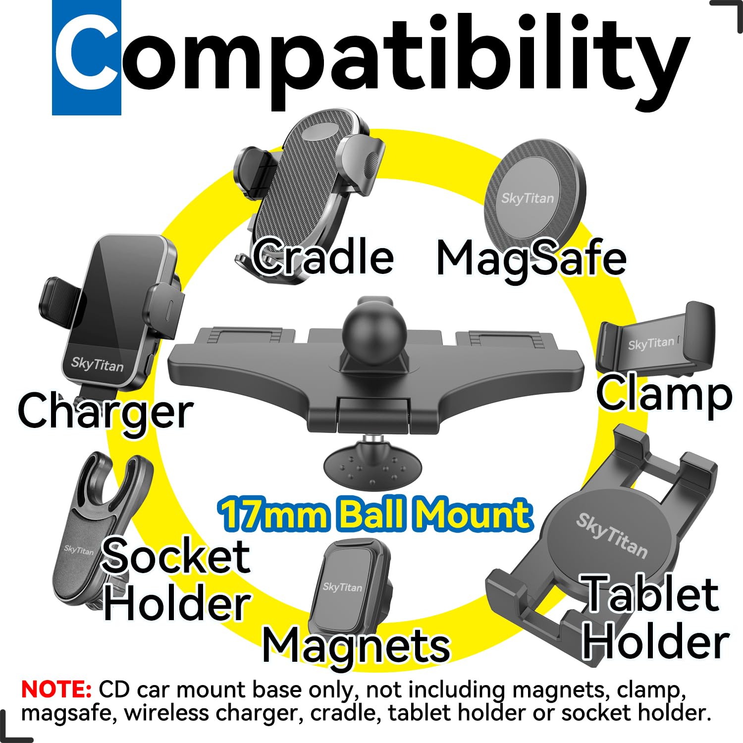 Skytitan Replacement Cd Slot Mounting Base 17Mm Ball Mount Part For Car Phone Holder, Magnetic Mount, Tablet Holder, 360 Degree