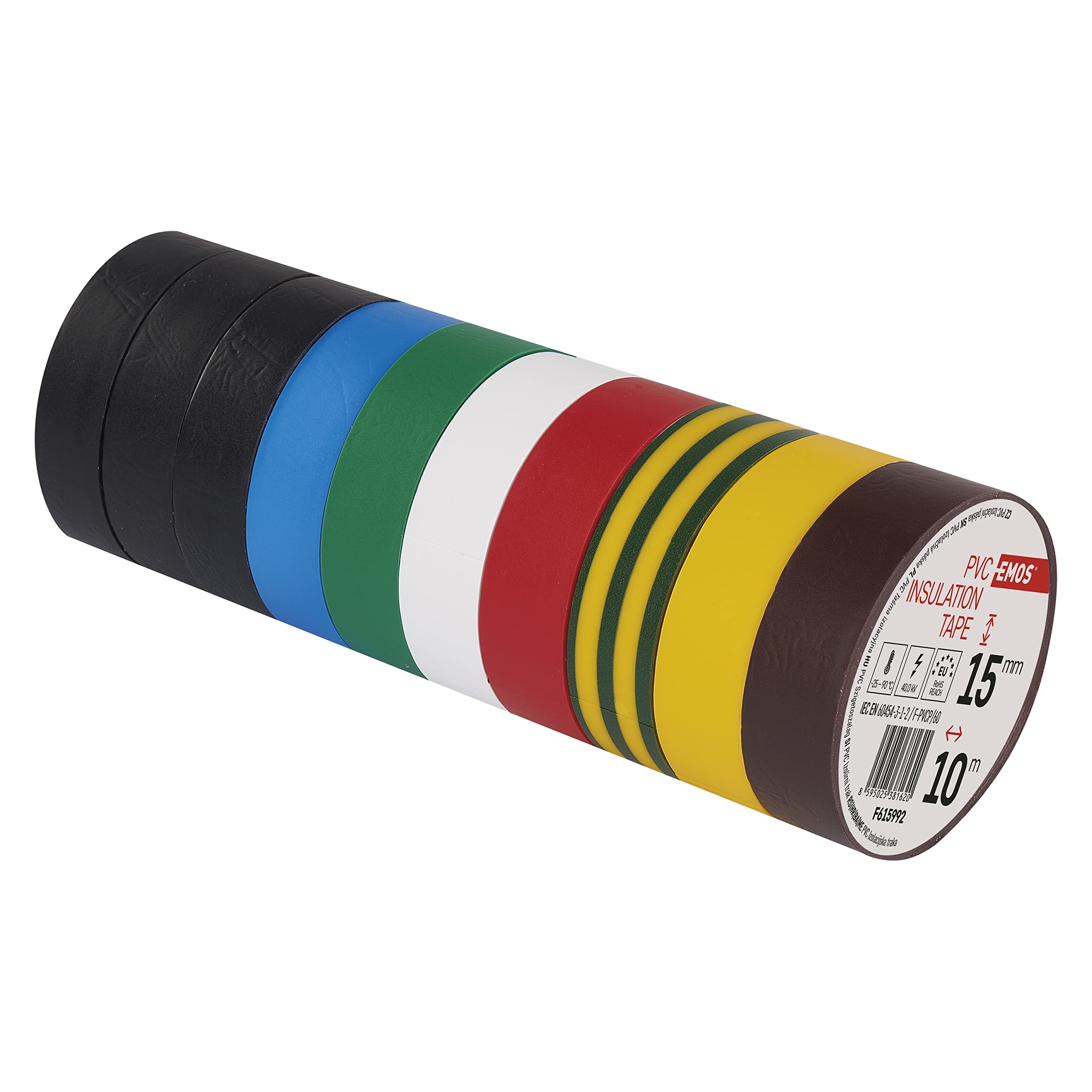 EMOS PVC Insulation Tape Mix Pack of 10, 15 mm x 10 m, 0.13 mm Tape Thickness, Self-Adhesive, High Tensile Strength and Applicat