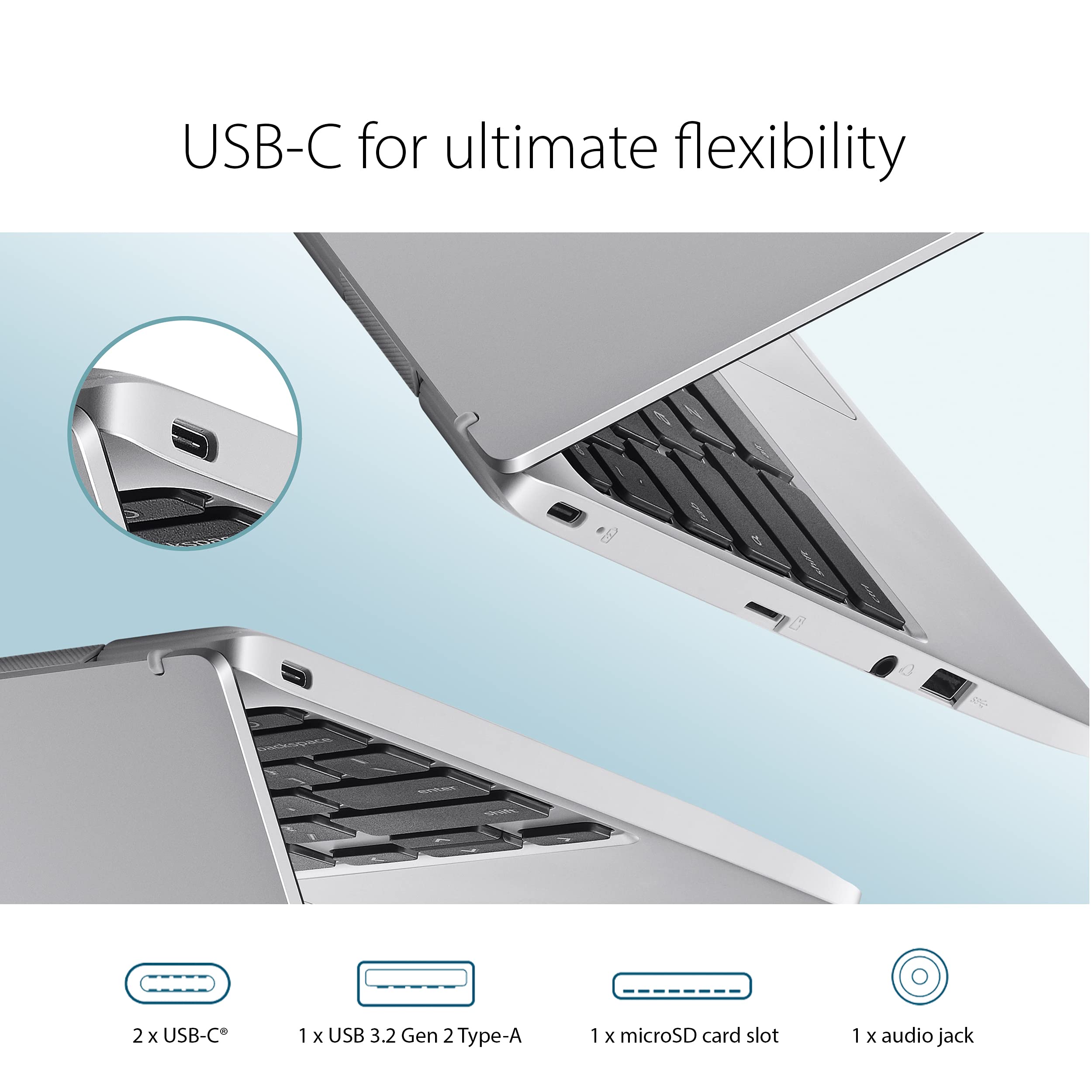 Asus Chromebook Cx1, 11.6'' Hd Nanoedge Display, Intel Celeron N3350 Processor, 32Gb Emmc, 4Gb Ram, Chrome Os, Transparent Silve