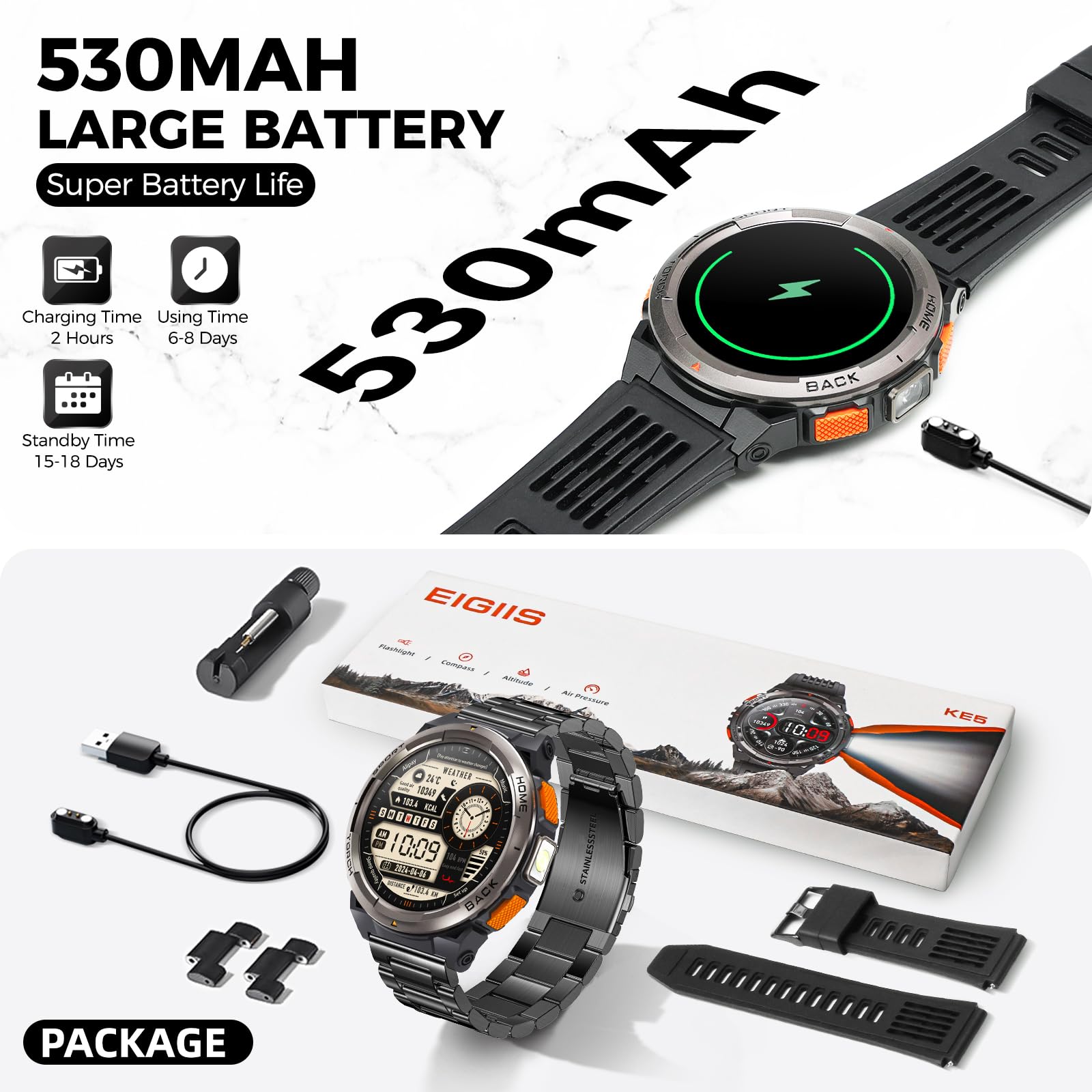 Eigiis Ke5 Military Smart Watch For Men With Flashlight Sos 3Atm Waterproof Watch 530Mah Big Battery 1.45'' Rugged Tactical Smar