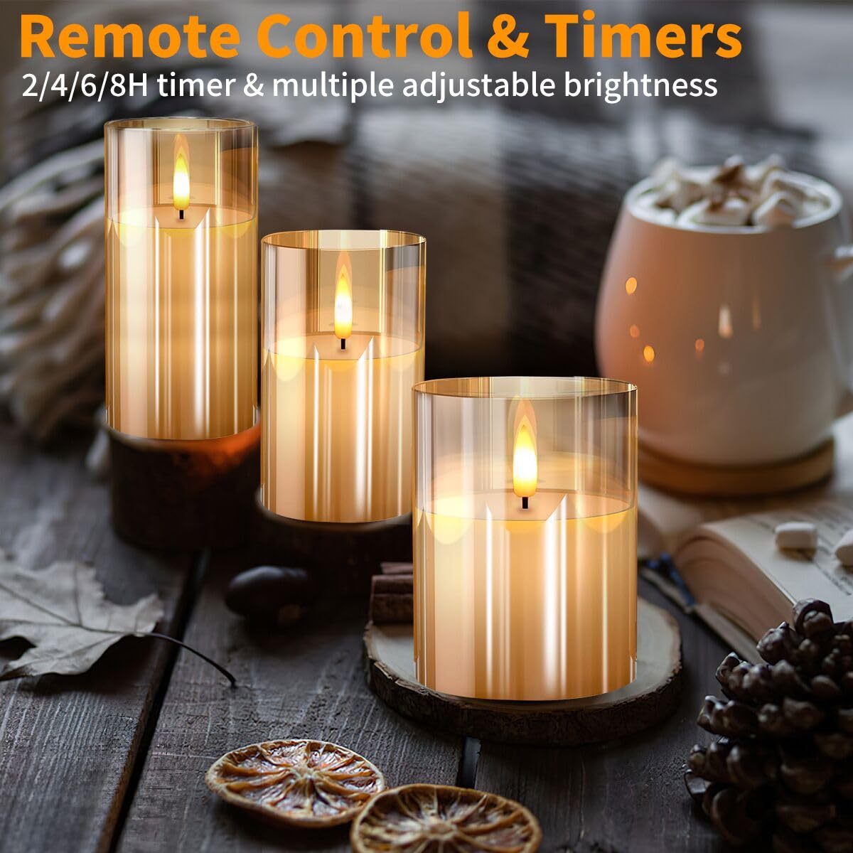 Gold Glass Flameless Candles Flickering With Remote, Timer, Battery Operated Moving Wick Realistic Warm Light Real Wax Led Candl