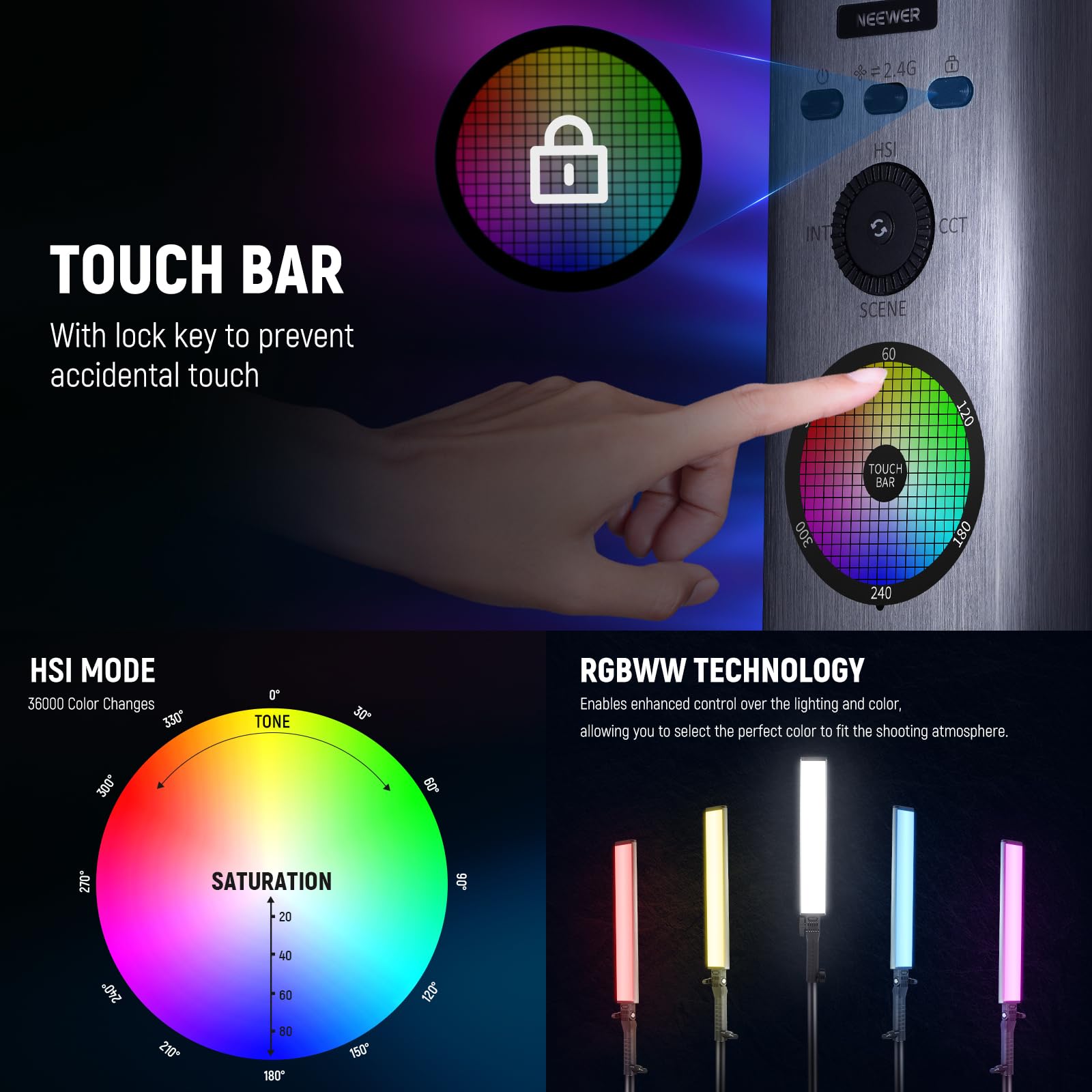 Neewer Rgb Light Wand With 2.4G/App Control, Upgraded 360 Touchable Rgbww Mixer Photography Handheld Led Video Lighting Stick Wi