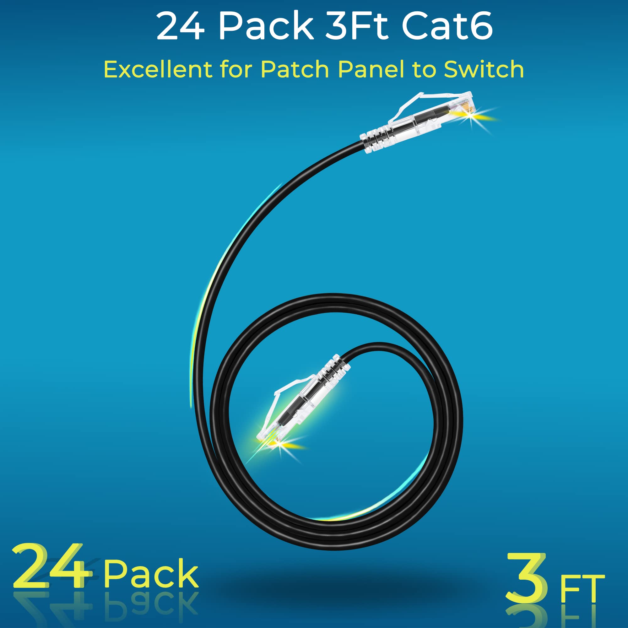 Rapink Patch Cables Cat6/ Cat6A 3Ft (24 Pack) Slim, Cat6A Ethernet Patch Cable 10G Support, Snagless Cat 6 Patch Cable For Patch Panel To Switch, Flexiable Cat6 Ethernet Cable Black
