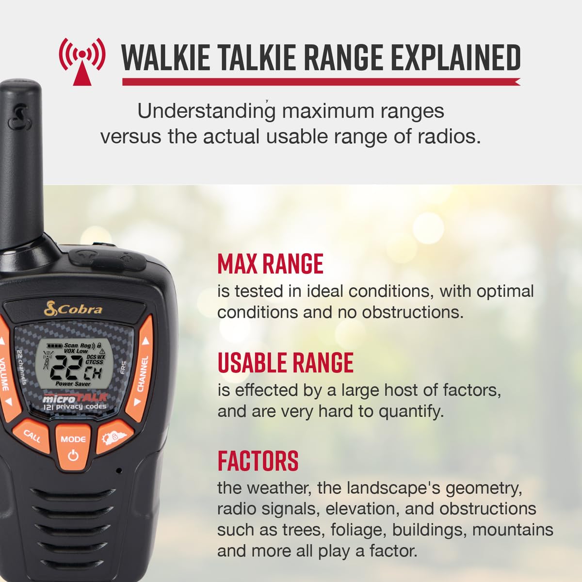 Cobra Acxt390 Walkie Talkies   Rechargeable, Lightweight, 22 Channels, 23 Mile Range Two Way Radios With Vox (2 Pack)