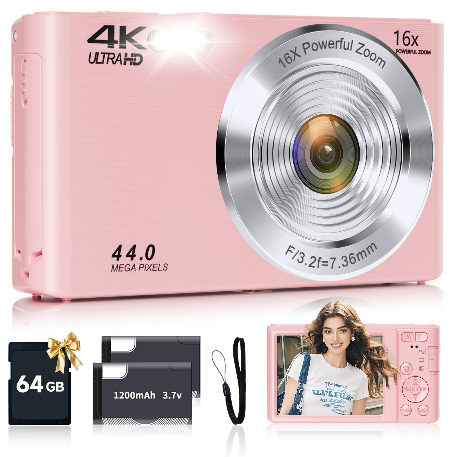 Digital Camera, FHD 4K 44MP Autofocus Digital Camera Pink with 64GB SD Card 16X Zoom, Cameras for Photography Compact Point and 