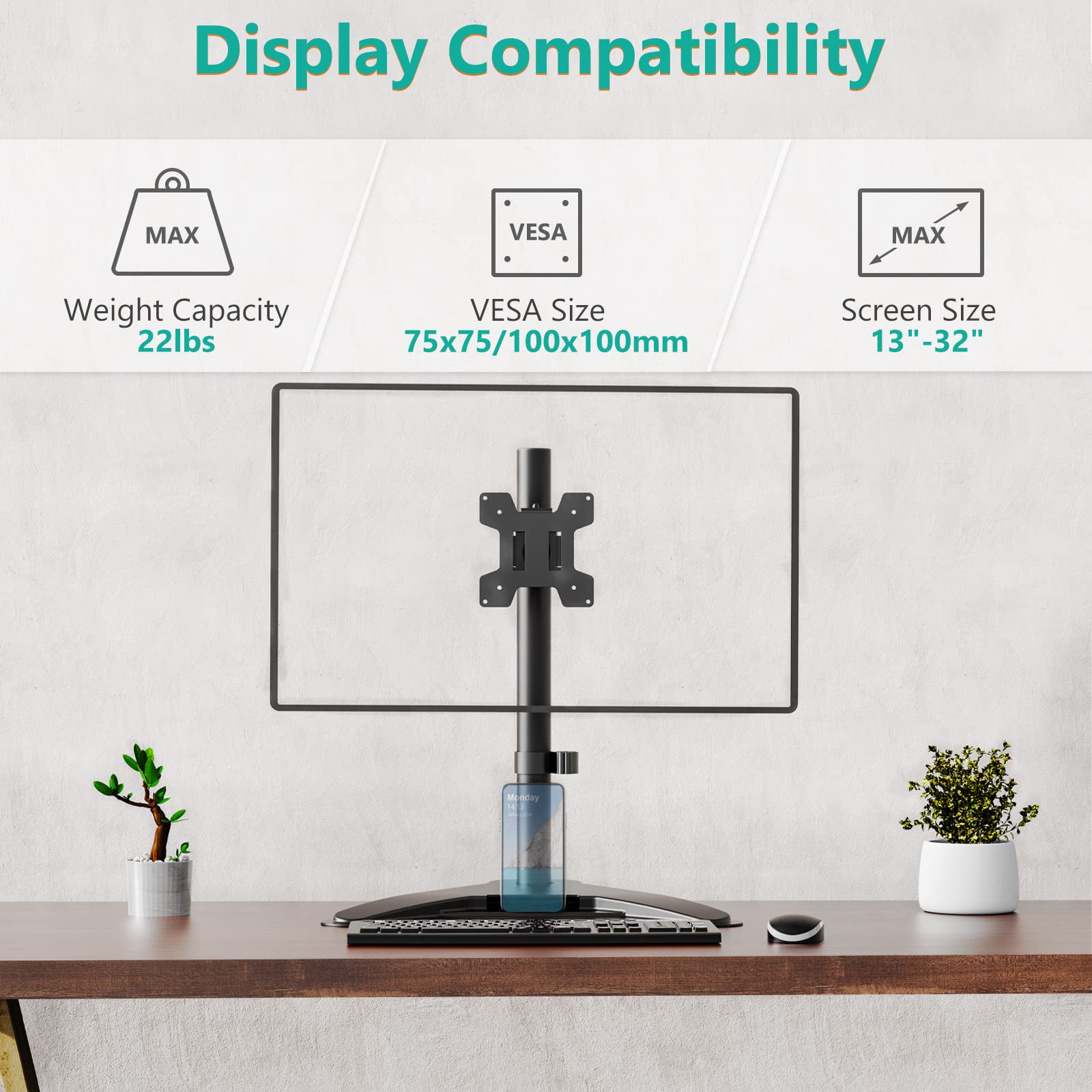 Wali Single Monitor Stand, Free Standing Vesa Mount Base With Phone Holder, Fits One Screen Up To 32 Inch (Mf001 P), Black