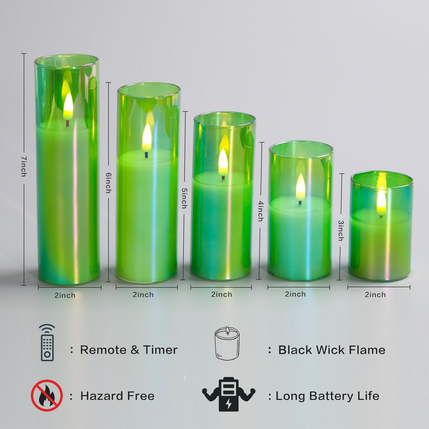 Eywamage 5 Pack Green Glass Flameless Candles With Remote, Flickering Slim Tall Led Pillar Votive Candles Battery Included