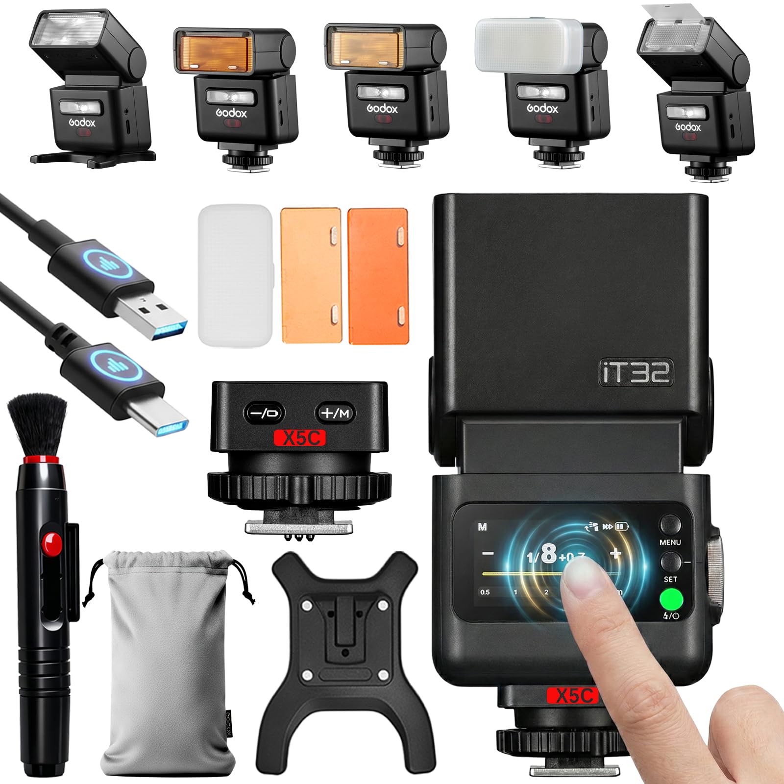 Godox IT32 TTL Camera Flash with X5C Flash Trigger for Canon Cameras,Magnetic Hotshoe&Trigger 2-in-1,Colorful Touch Screen,Rotat