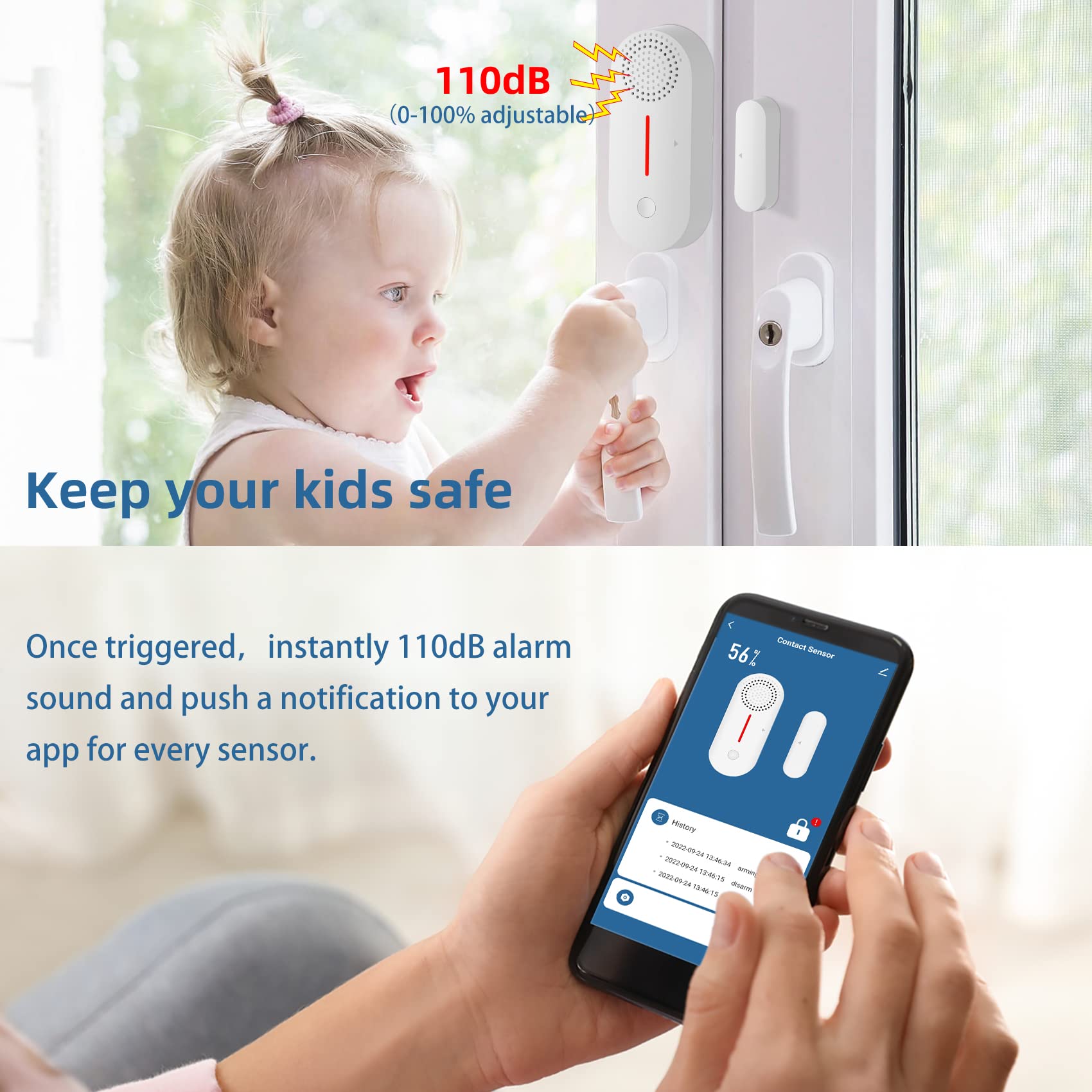 Erdiegle Wifi Door/Window Alarm Sensor With App 2.4Ghz(With Timer Arm And Disarm/Time Delay) Sound Adjustable Work With Alexa Go