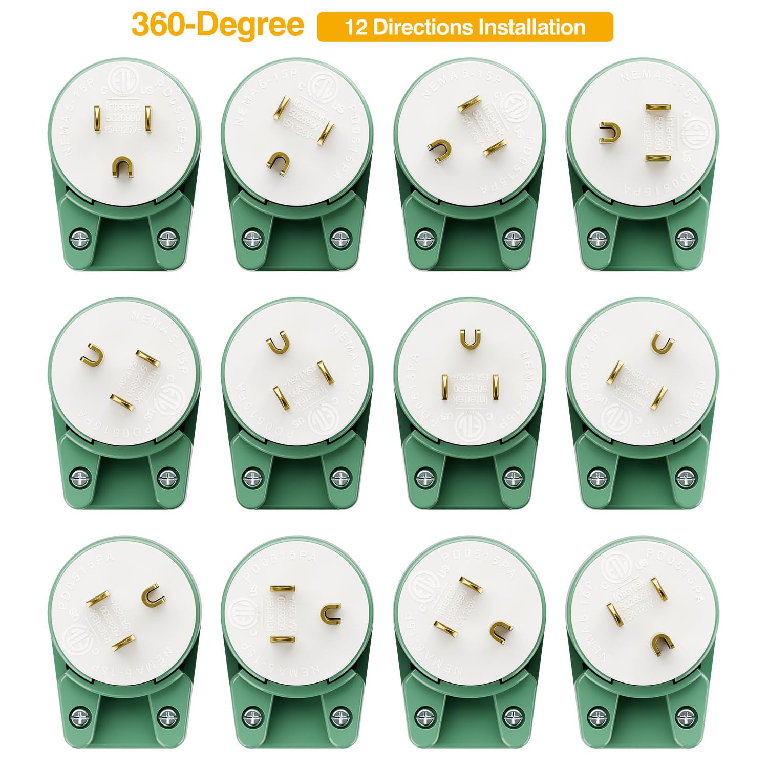 Green Etl Verified Nema 5 15P 90 Degree Right Angle 15A 125V Usa 3 Prong Household Angled Plug