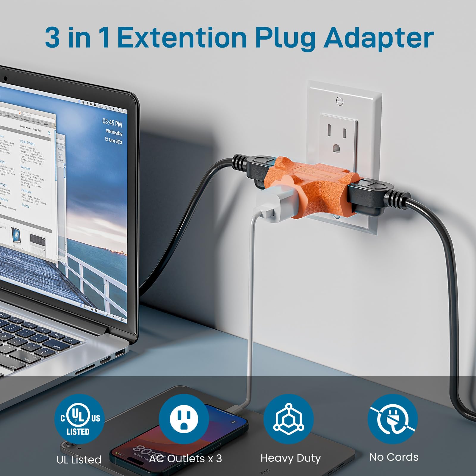K Kasonic   3 Outlet Grounding Adapter, [Ul Listed] Plug Extender, Heavy Duty Grounded Power Tap   3 Pack (Multi Color)