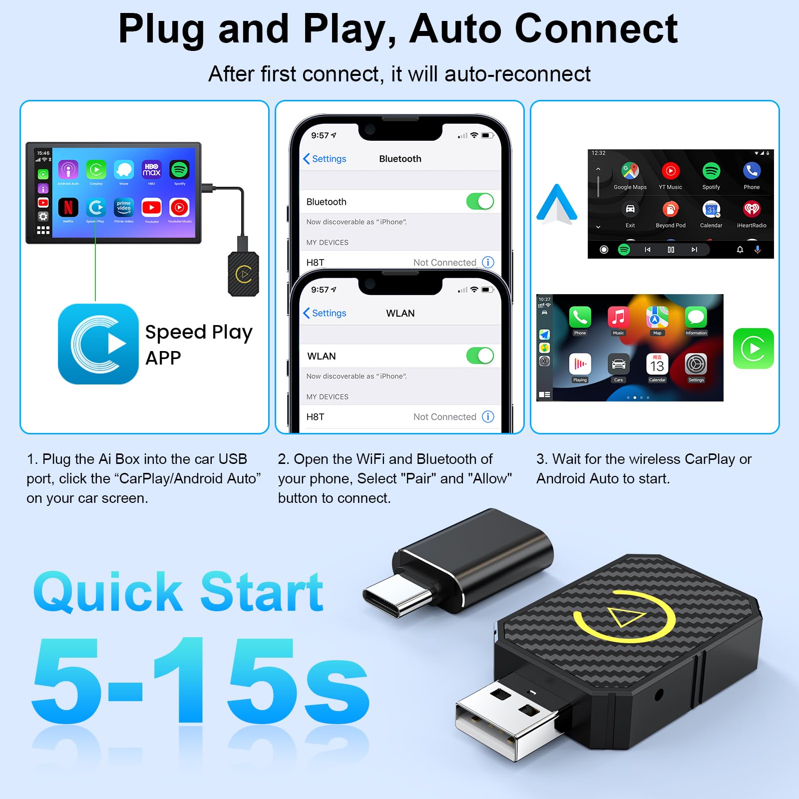 Mini Android Auto Wireless Adapter&Wireless Carplay Adapter Convert Factory Wired To Wireless Carplay Dongle, Usb Carplay Wirele