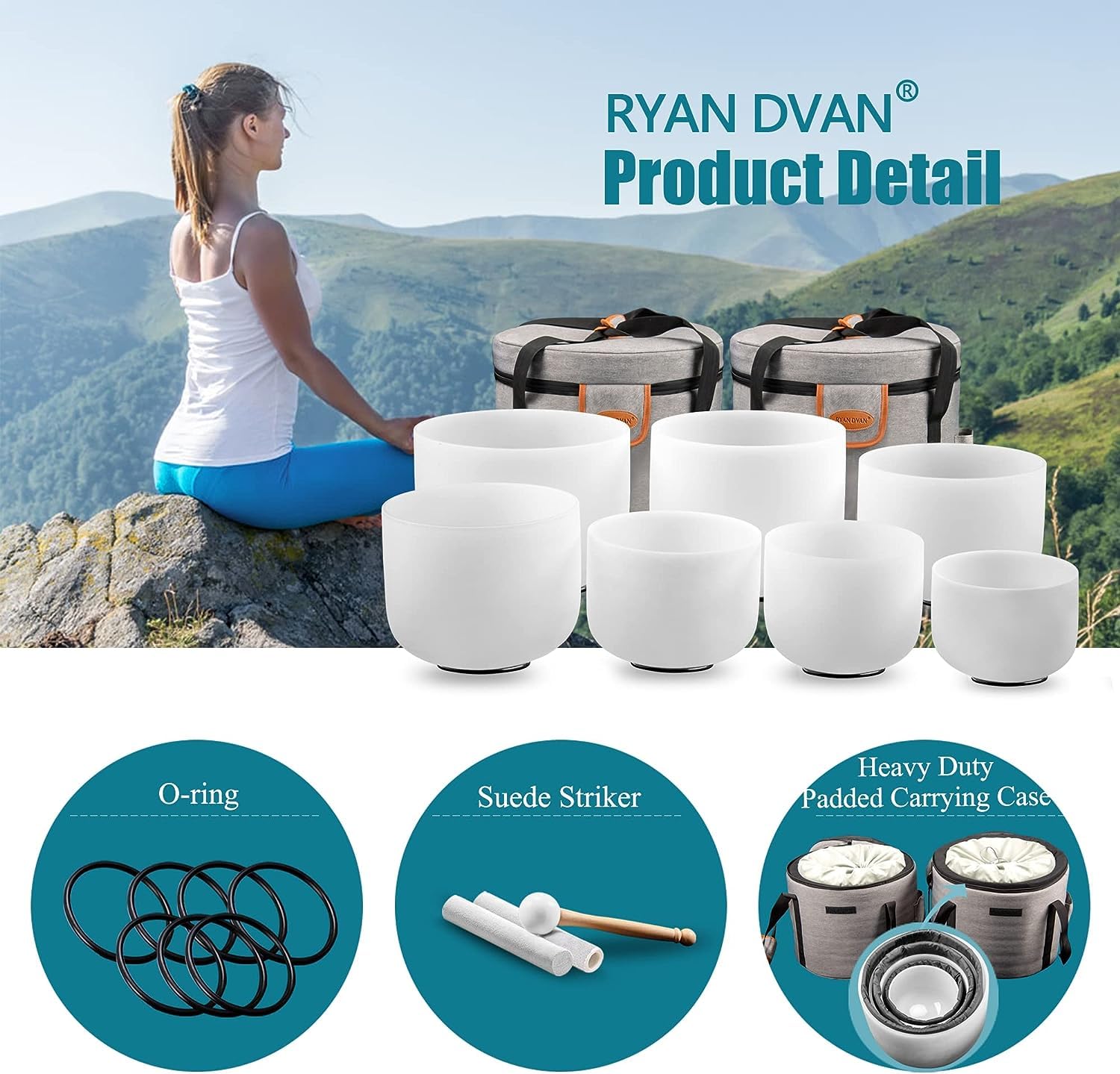 Ryan Dvan 432 Hz 7 12 Inch Set Of 7 Chakra Symbol Design Frosted Quartz Crystal Singing Bowl Set With Free 2 Pcs Carrying Case