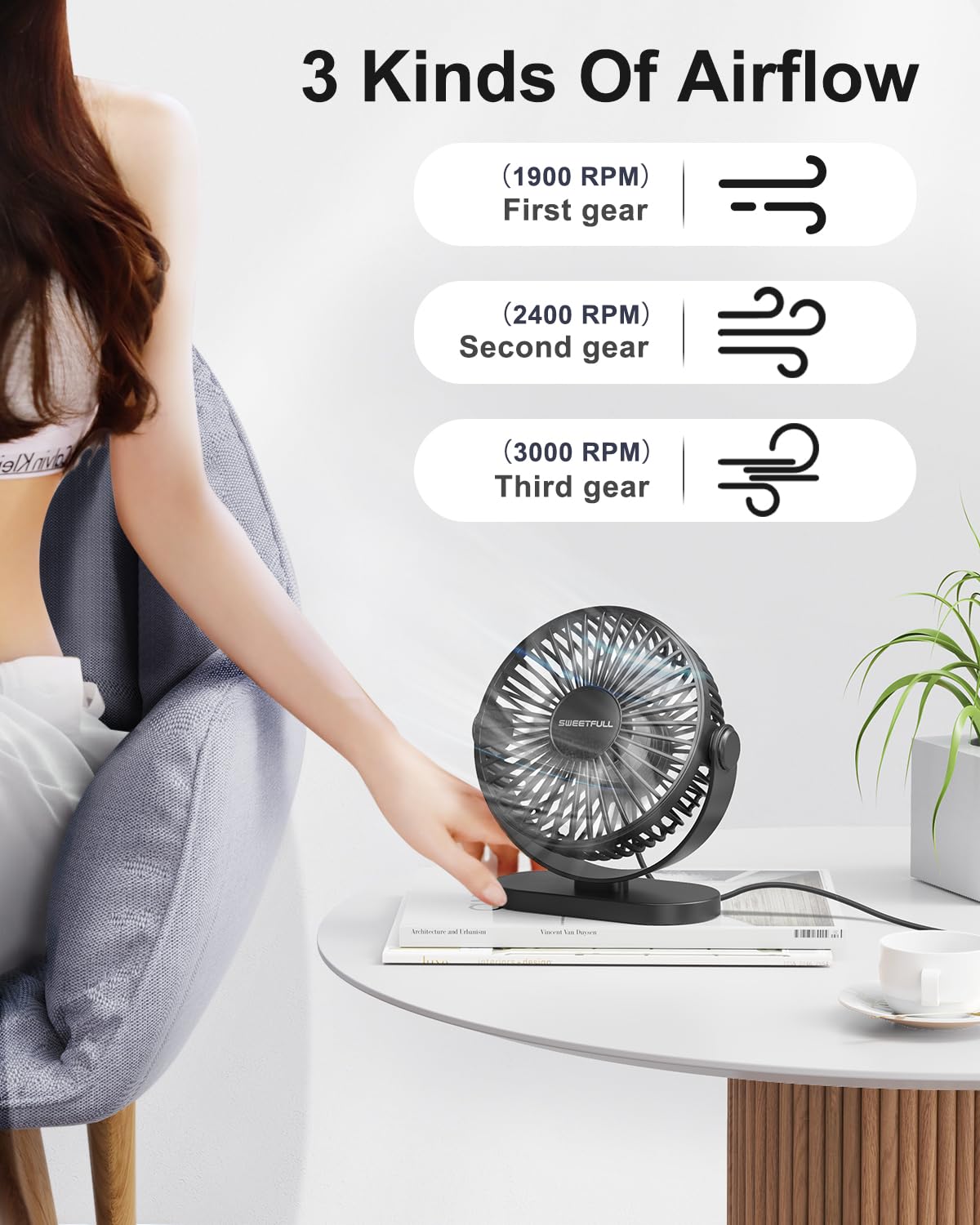Sweetfull Usb Desk Fan Small Quiet   3 Speeds Mini Personal Portable Fan 360 Rotation Adjustable, 5 Inch Office Table Cooling Ga