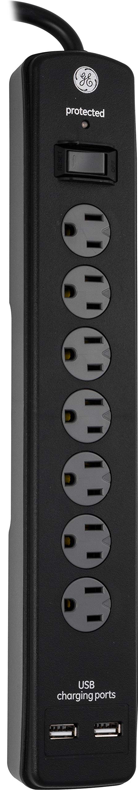 Ge Pro 7 Outlet Surge Protector, 2 Usb Ports, 3 Ft Power Cord, 1300 Joules, Flat Plug, Twist To Close Safety Covers, Indicator L