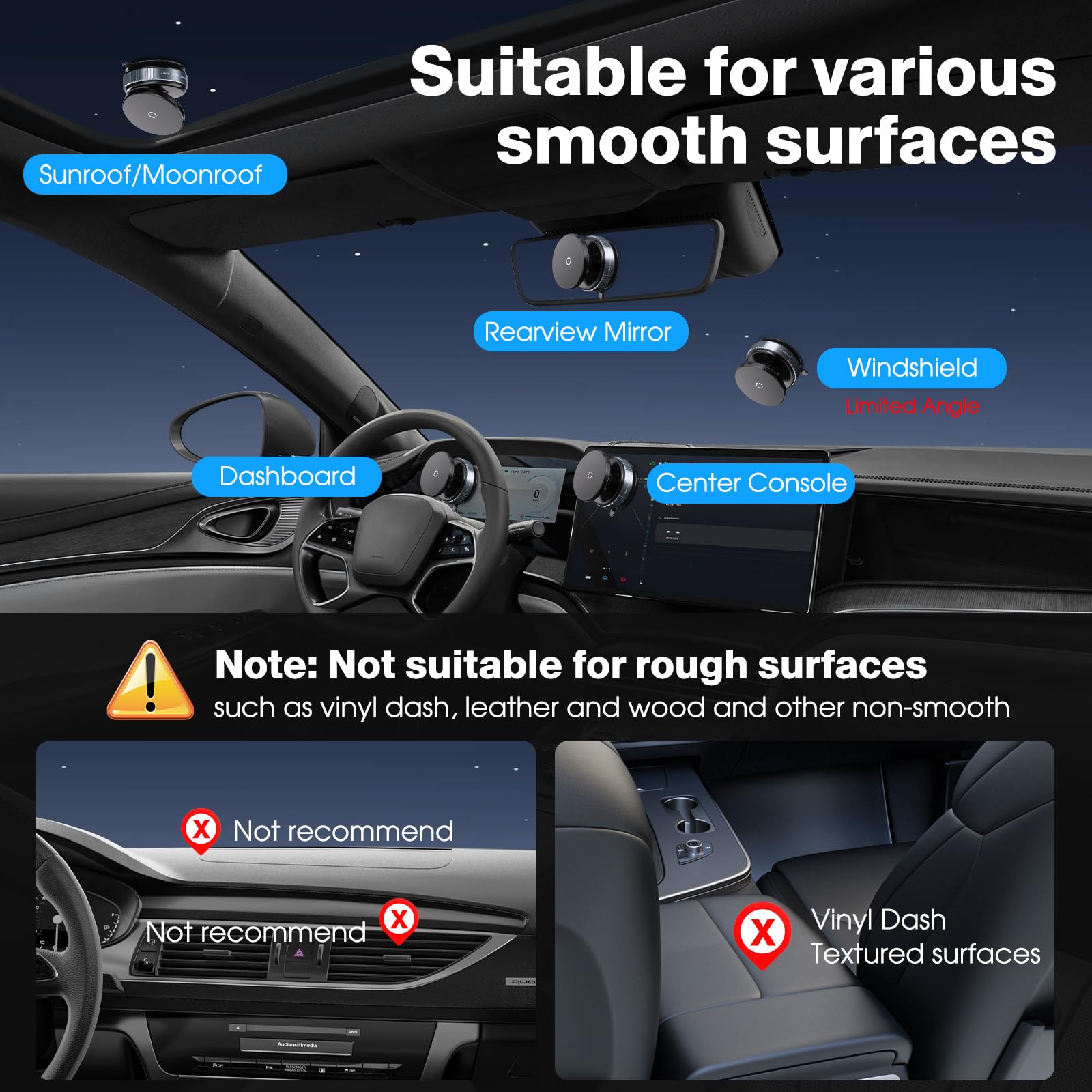 Lunturn 360 Rotatable Vacuum Magnetic Phone Holder, Adjustable Hands-Free Suction Cup Car Phone Mount For Car/Gym/Mirror/Smooth