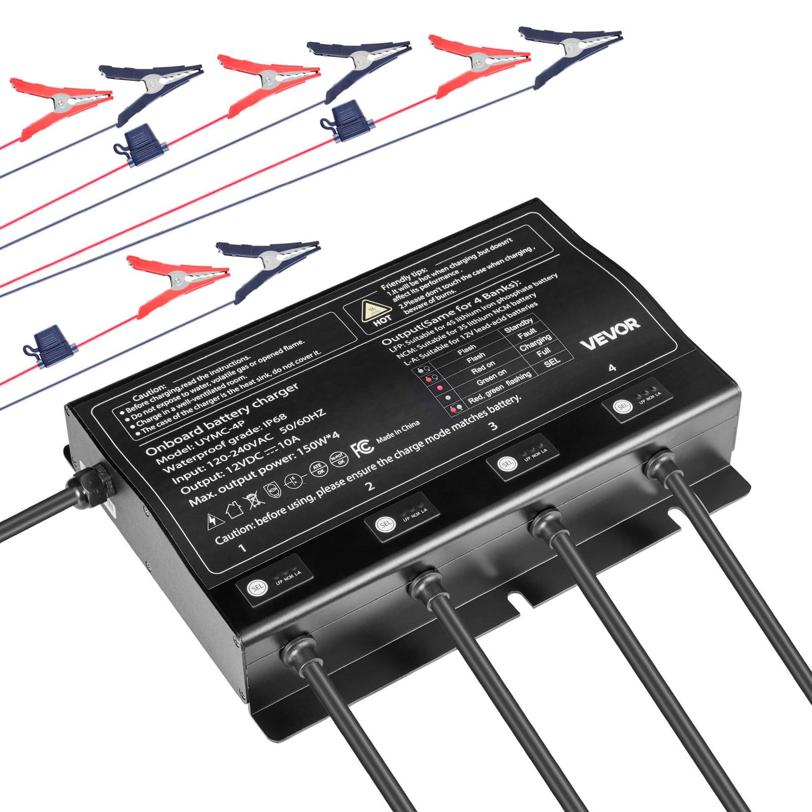 VEVOR Marine Battery Charger, 4-Bank, 10A x 4, 12V Onboard Battery Charger, IP68 Waterproof Smart Boat Charger, for Lithium-Ion 