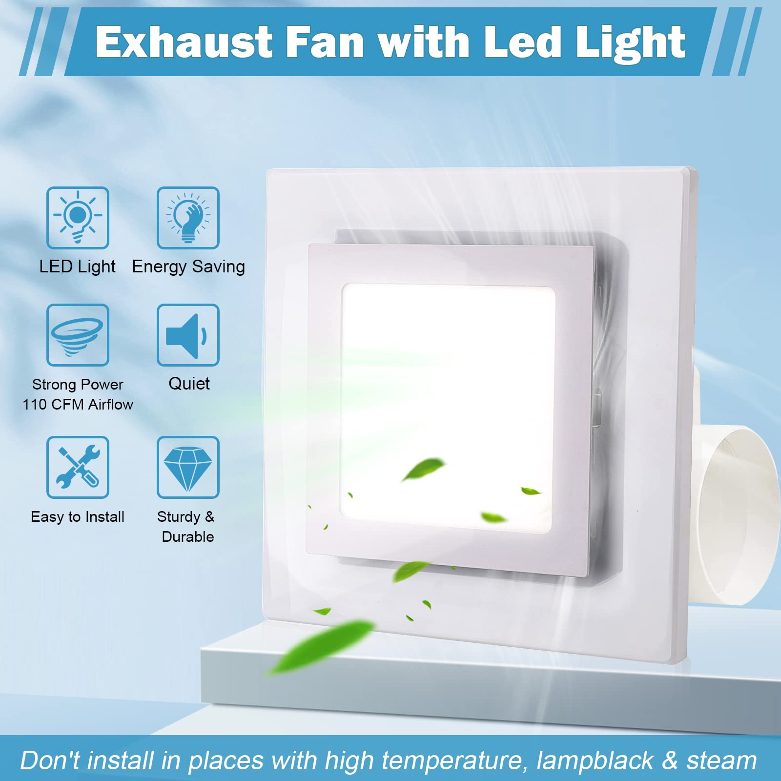 Feiton Bathroom Exhaust Fan With Light, Ceiling Mount, 110 Cfm 1.0 Sones 4 Inch Duct, Quiet Square Bath Fan Light Combo, Shower
