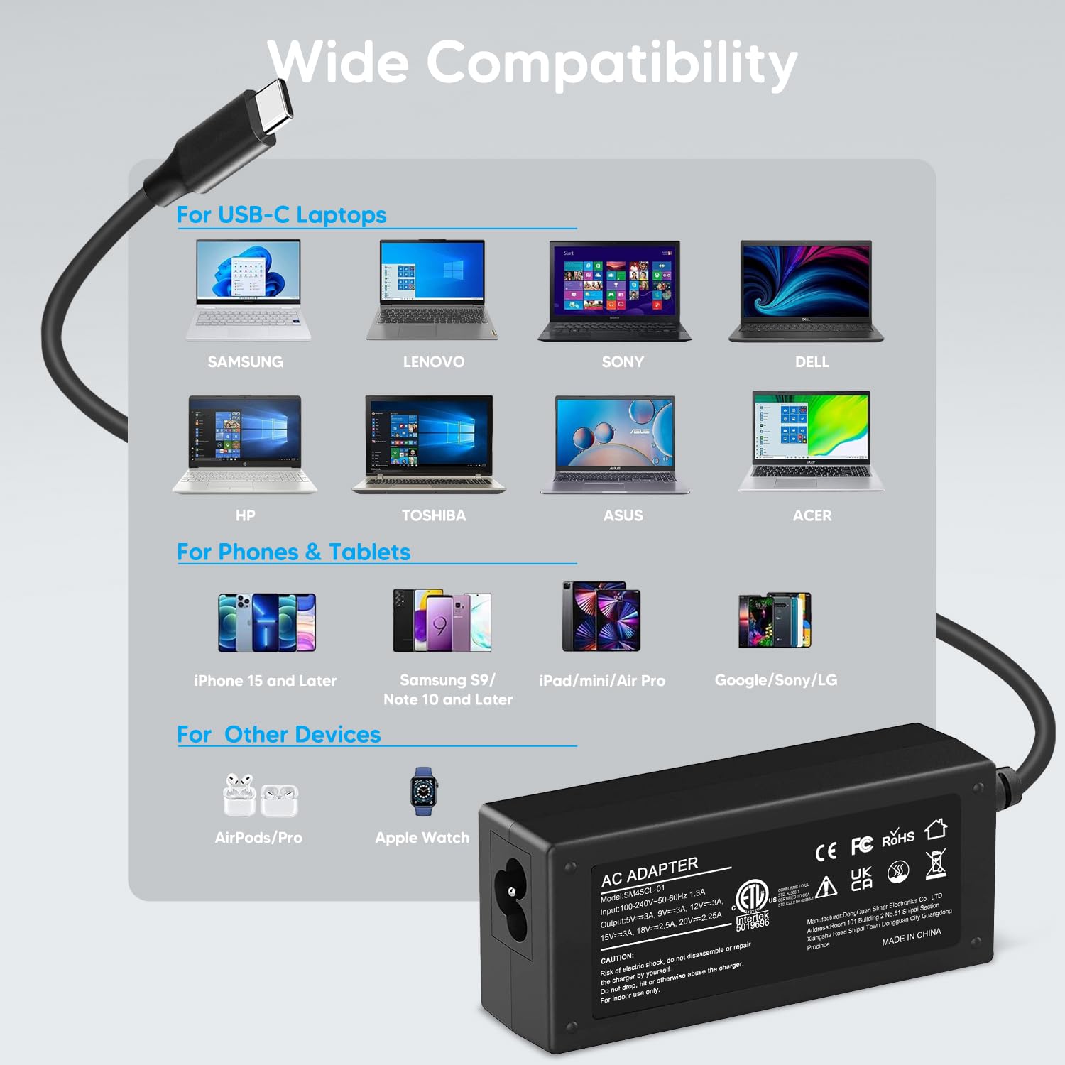Universal 45W Usb C Chromebook Laptop Charger, Compatible With Hp Acer Asus Samsung Google Power Supply With Cord