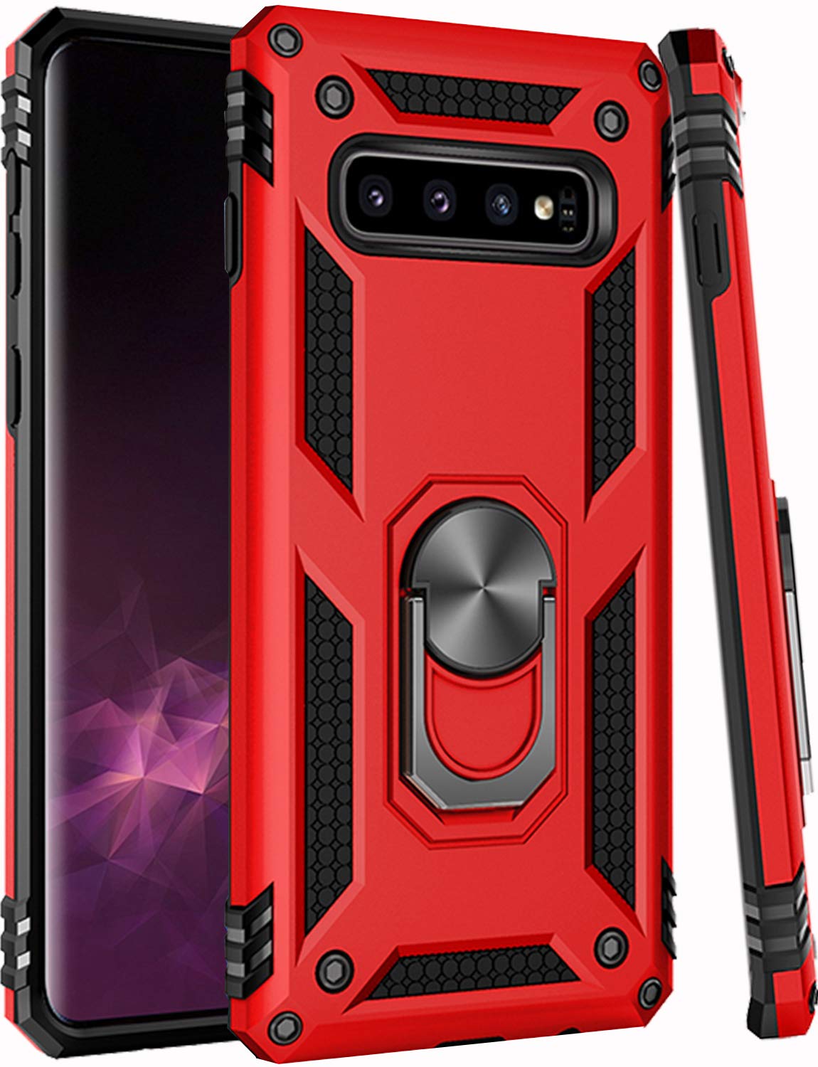 LUMARKE Galaxy S10+ Plus Phone Case Military Grade 16ft Drop Tested Magnetic Ring Kickstand Plastic Red