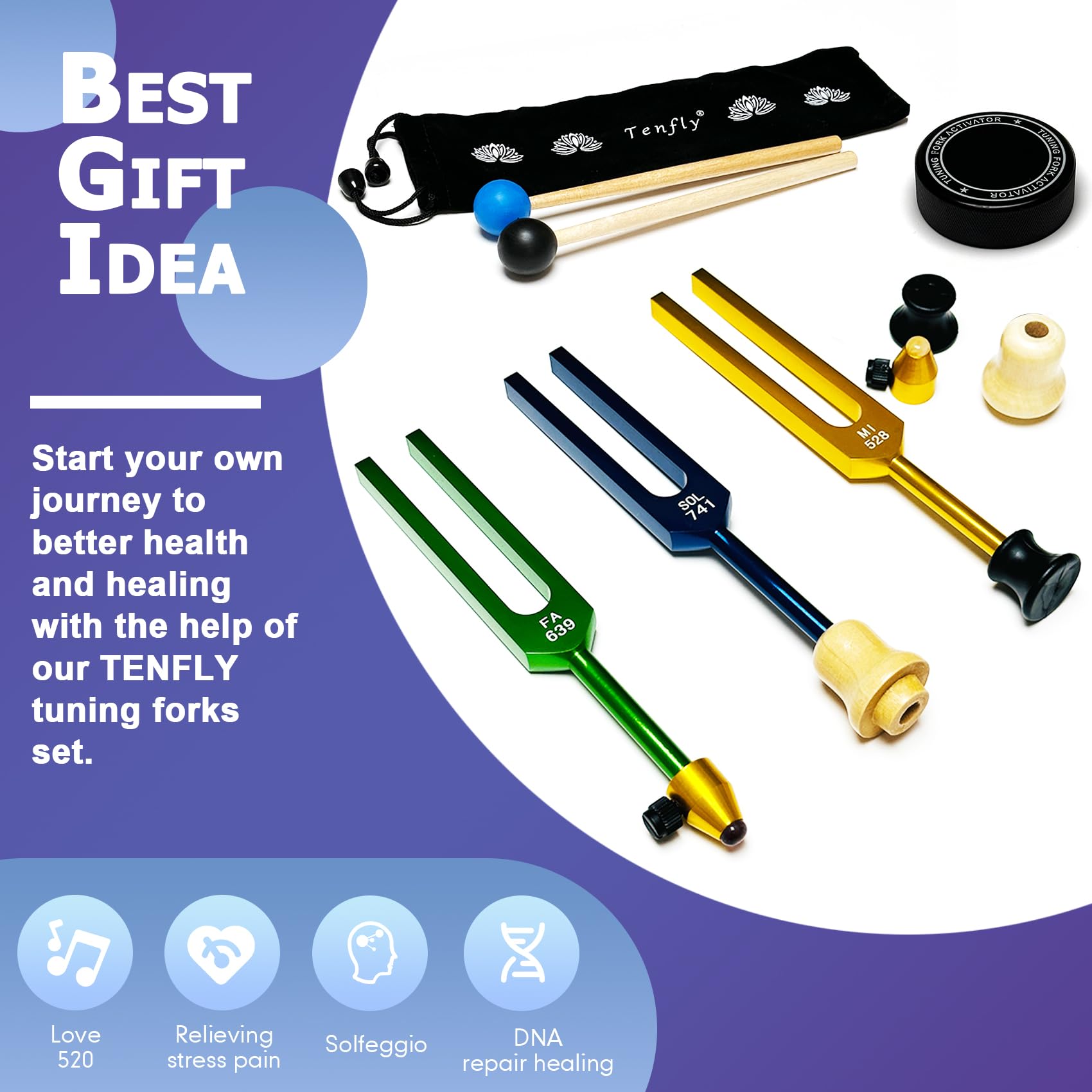 Tenfly Solfeggio Tuning Fork Set   10 Tuning Forks For Body Relaxation, Yoga Meditation, Sound Therapy, Stress Relief, Chakra He