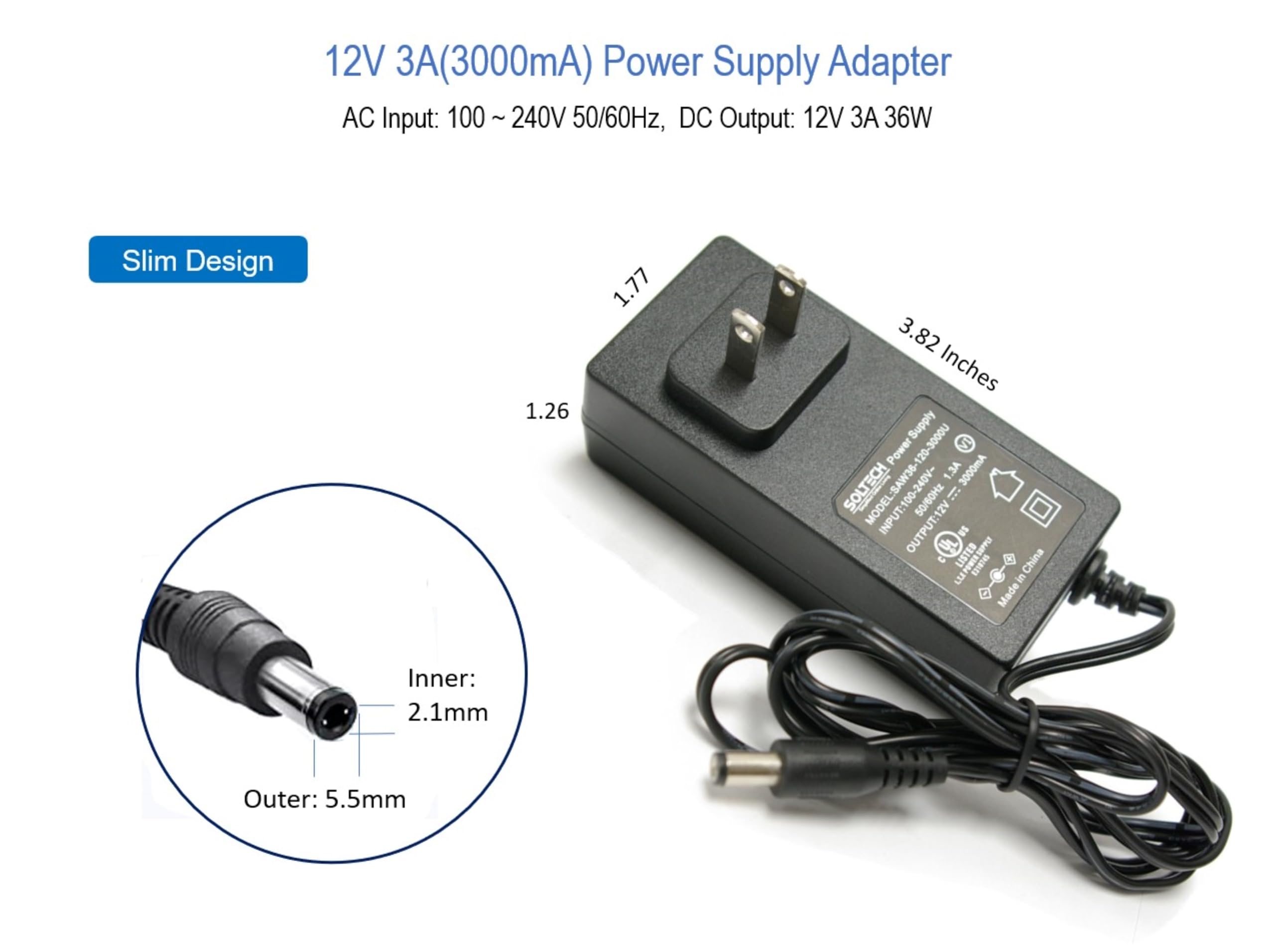 Soltech 12V 3A Power Supply Adapter For Cctv Security Cameras 4 8 16 Channel Dvr Or Nvr, 100 240V 50/60Hz Ac To Dc 12 Volts 3 Amps Power Converter Transformer, 5.5Mm X 2.1/2.5Mm, Ul Listed (2 Pack)