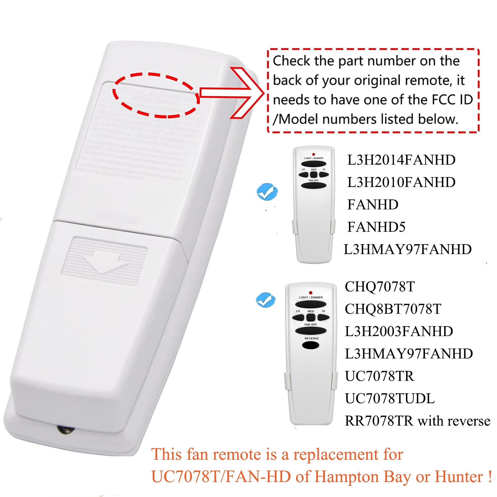 Uc7078T Ceiling Fan Remote Control Replacement Of Hampton Bay Uc7078T Fan Hd Chq7078T Uc7078Tr Uc7078Tudl Rr7078Tr L3H2003Fanhd,