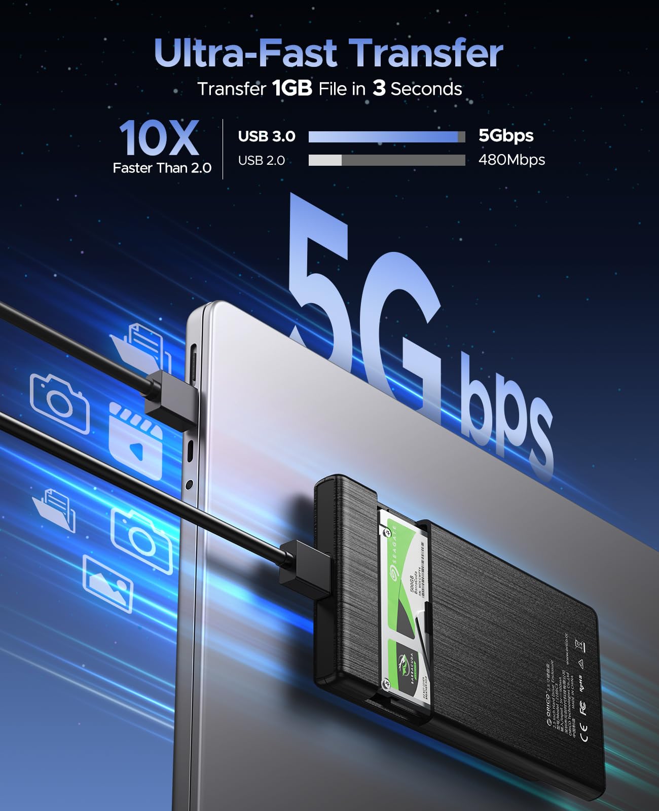 ORICO USB 3.0 to SATA III 2.5' External Hard Drive Enclosure for 2.5 Inch 7mm 9.5mm SATA HDD/SSD Tool Free [UASP Supported],Black(2189U3)