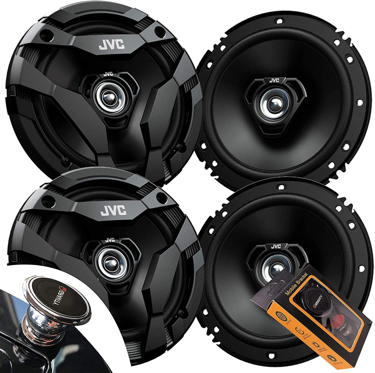 2 Pairs Of Jvc Cs Df620 6 1/2'' Drvn Df Series Coax Speaker (4 Speakers) With Gravity Magnet Phone Holder Bundle