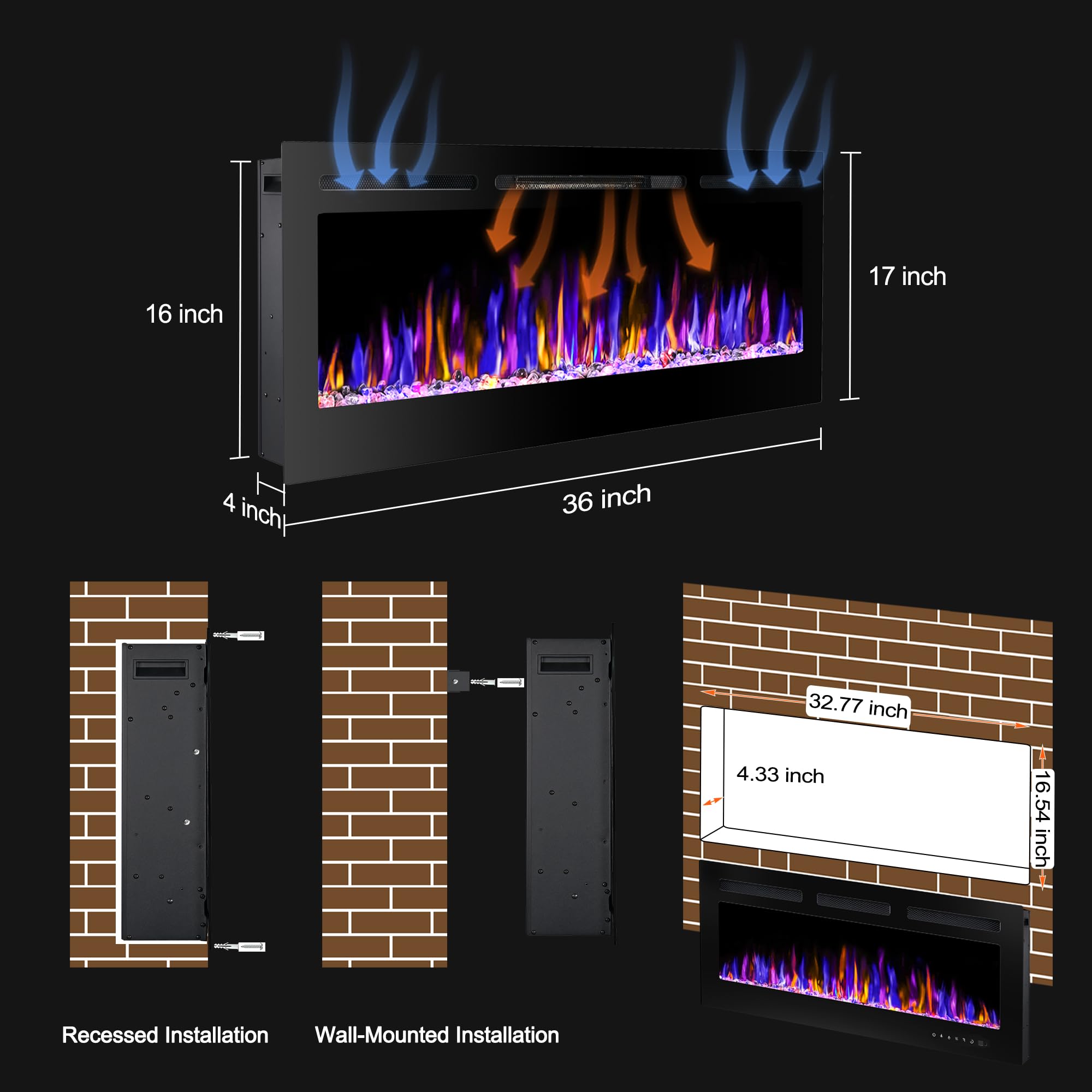 Betelnut 36 Electric Fireplace Wall Mounted And Recessed With Remote Control, 750/1500W Ultra-Thin Wall Fireplace Heater W/Timer