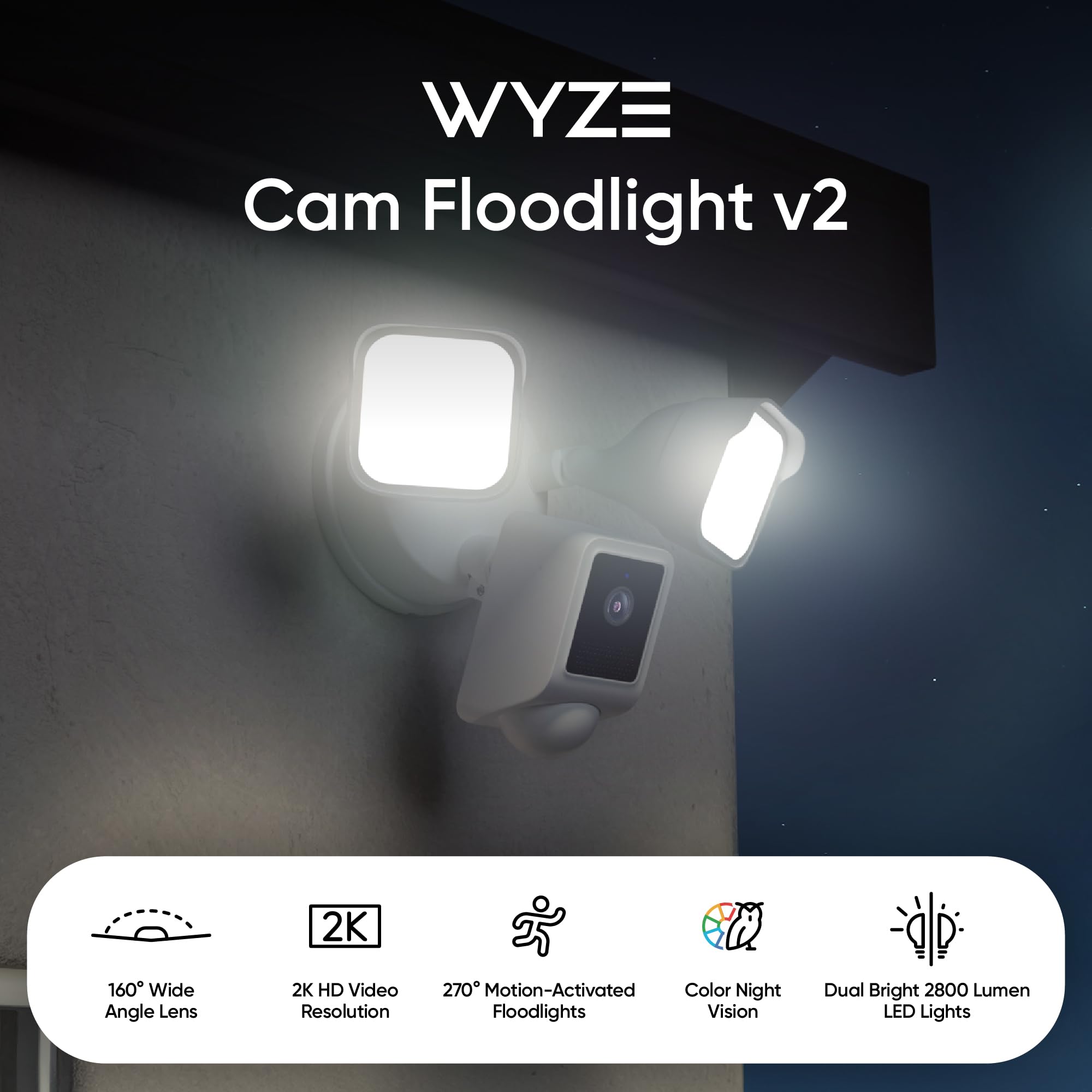 Wyze Floodlight Camera V2, 2800 Lumen Leds, 2K Hd Outdoor Security Camera, 160 Wide View, Motion Activated Light, 105Db Siren, C
