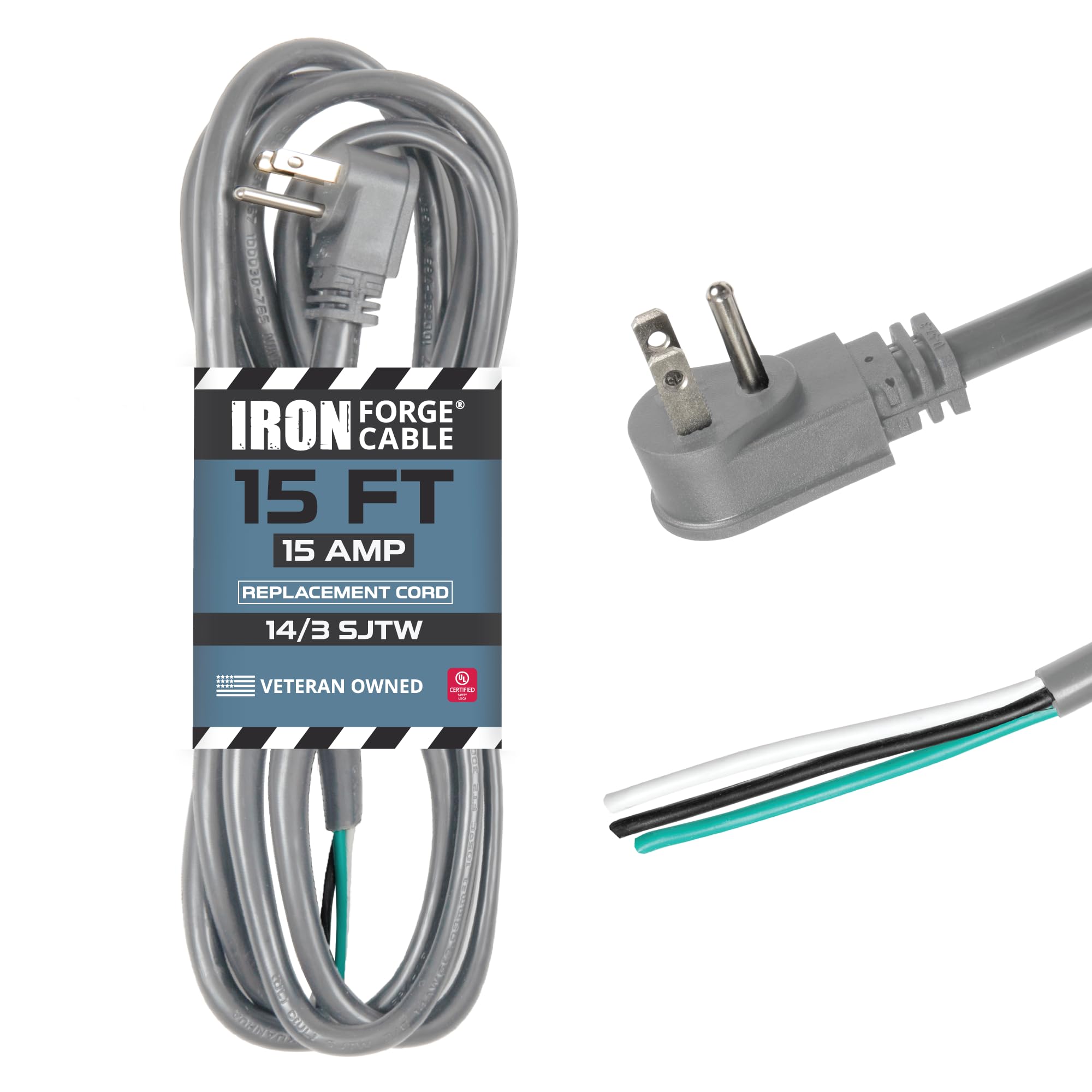 Iron Forge Cable 15 Foot Slim Plug Head Replacement Power Cord With Open End, 15 Amp Extension Cord 3 Prong Flat Plug To 3 Wire,