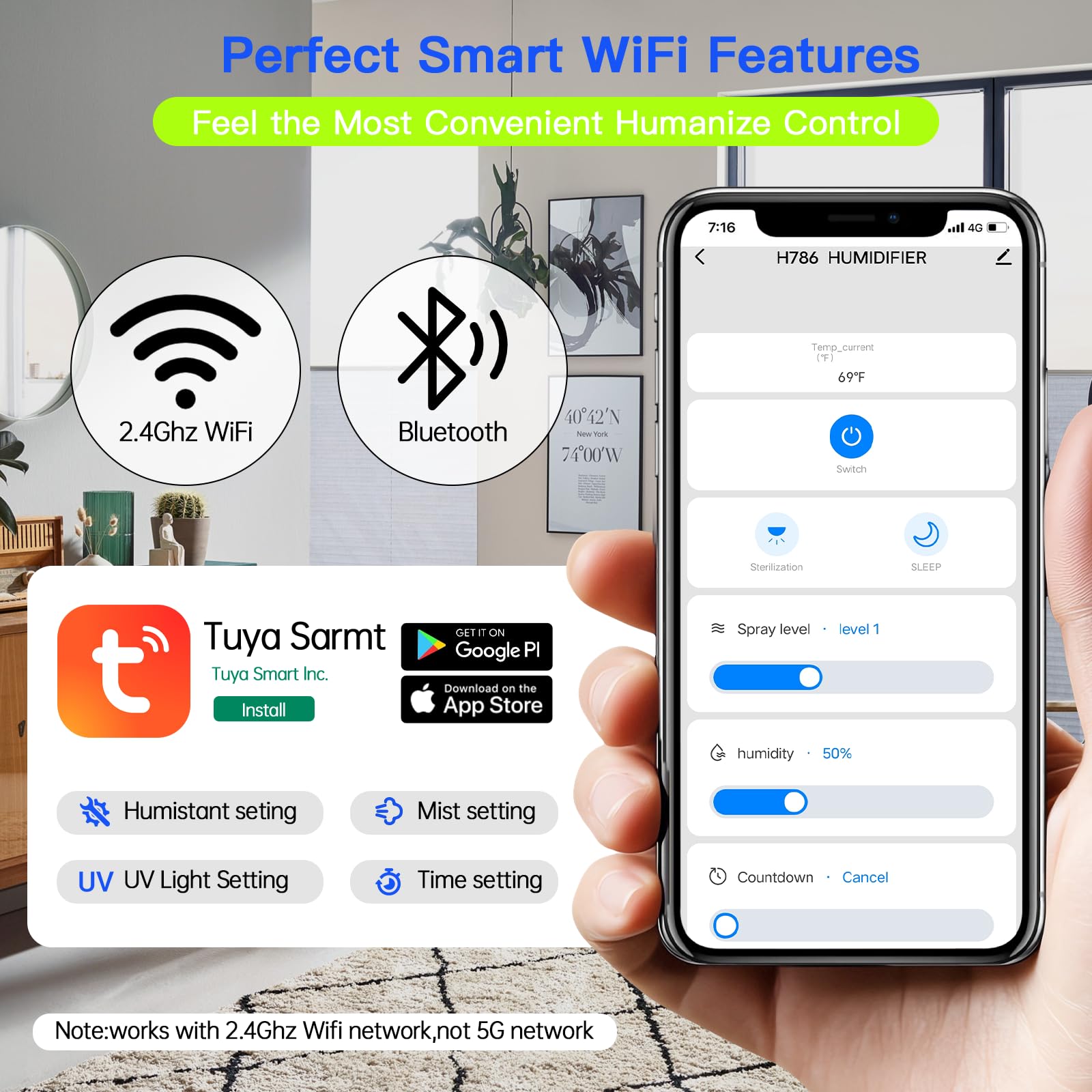 Smart Humidifiers Large Room Bedroom Home, 2.11Gal(8L) Quiet Top Fill Cool Mist Humidifier, Smart App & Remote Control, 3 Speed