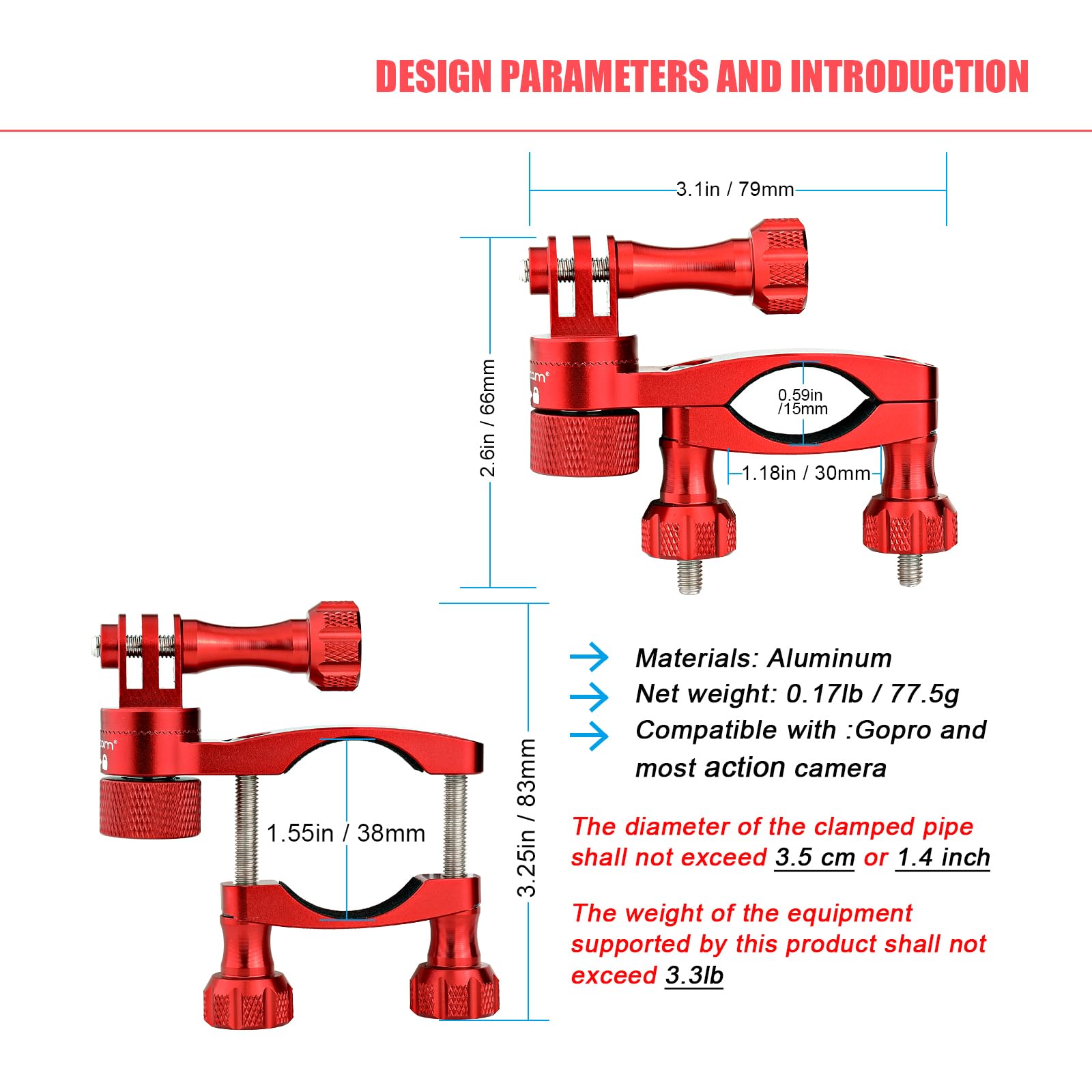 Forevercam Bike Handlebar Mount For Gopro Hero 13/12/11/10/9/8/Insta360/Akaso/Dji Osmo Aluminum Bike/Motorcycle Mount 360�Rotation And Lock Any Direction(Red)