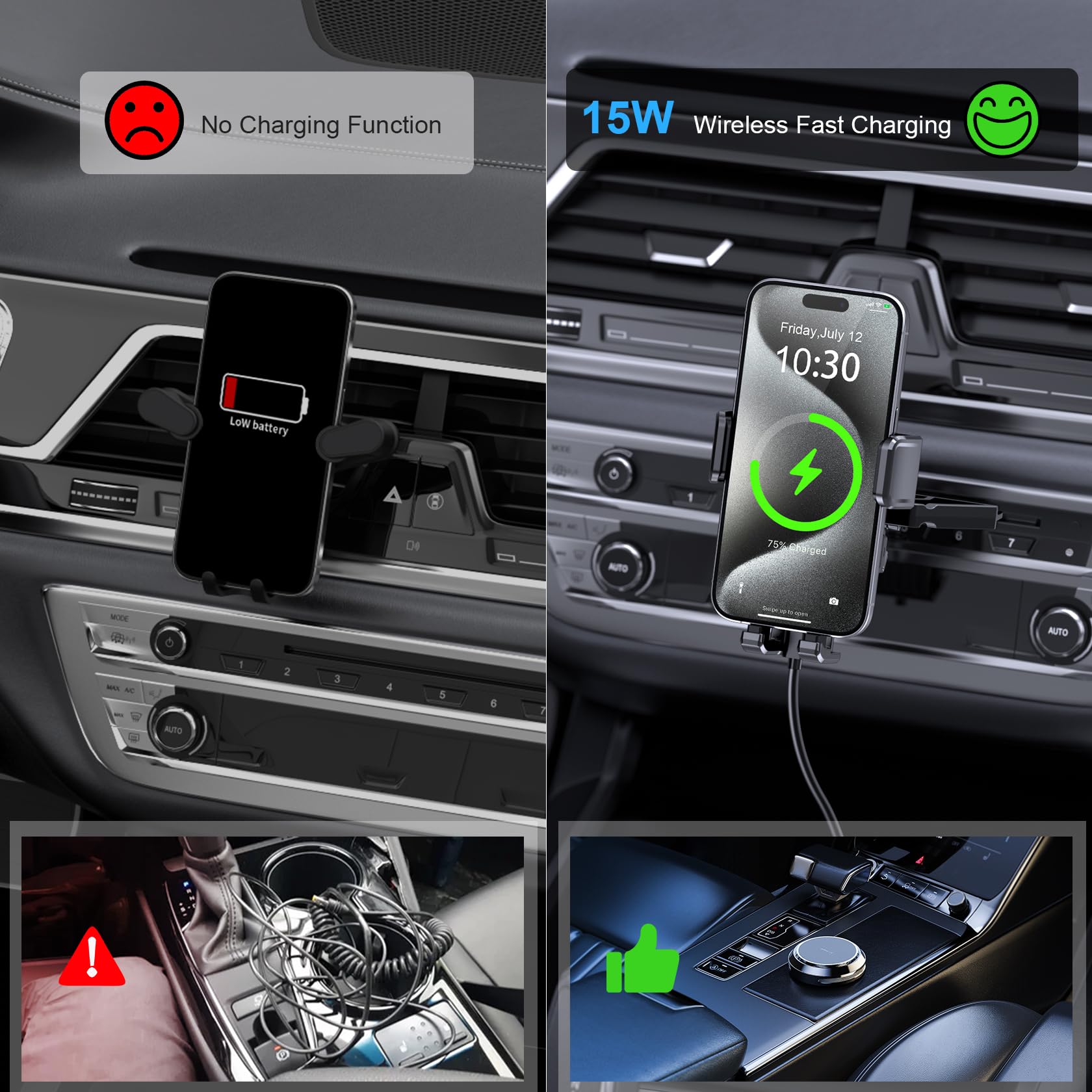 Wireless Car Charger, Mokpr 15W Fast Charging Auto Clamping Cd Slot Air Vent Car Phone Holder With Led Light Car Charger For Iph