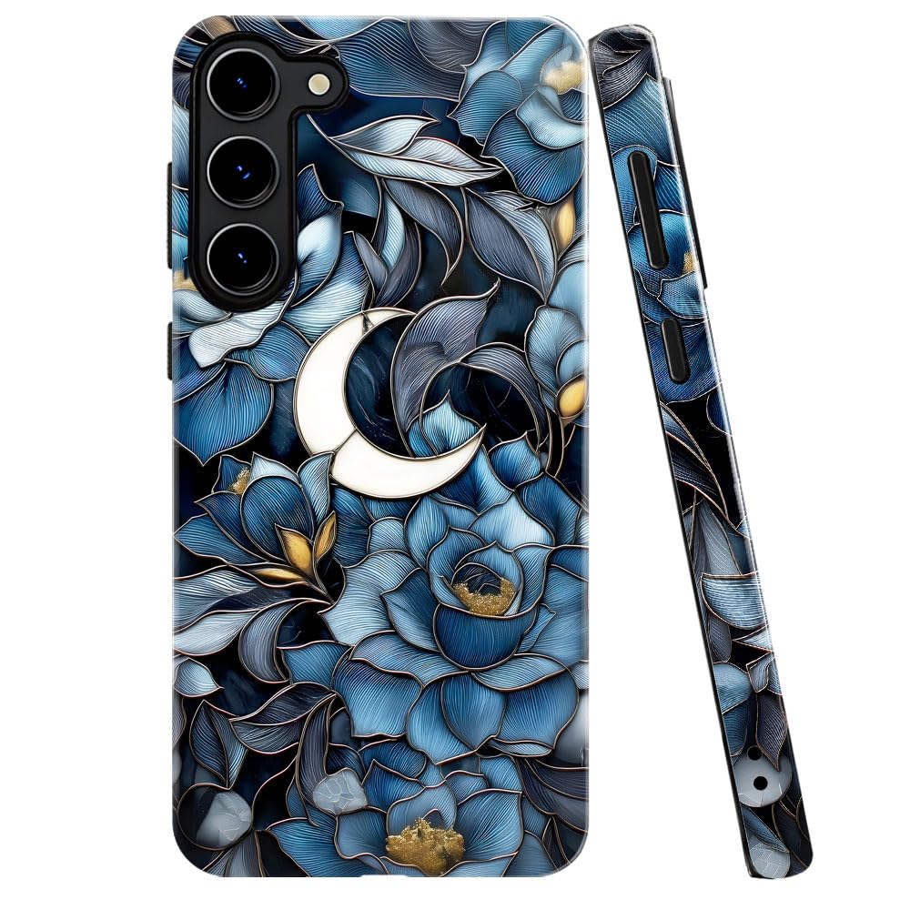 Case for Samsung Galaxy S23 Plus,Stained Glass Floral and Moon Phone Case Military-Grade Drop Protection Cover for Women Girl - 