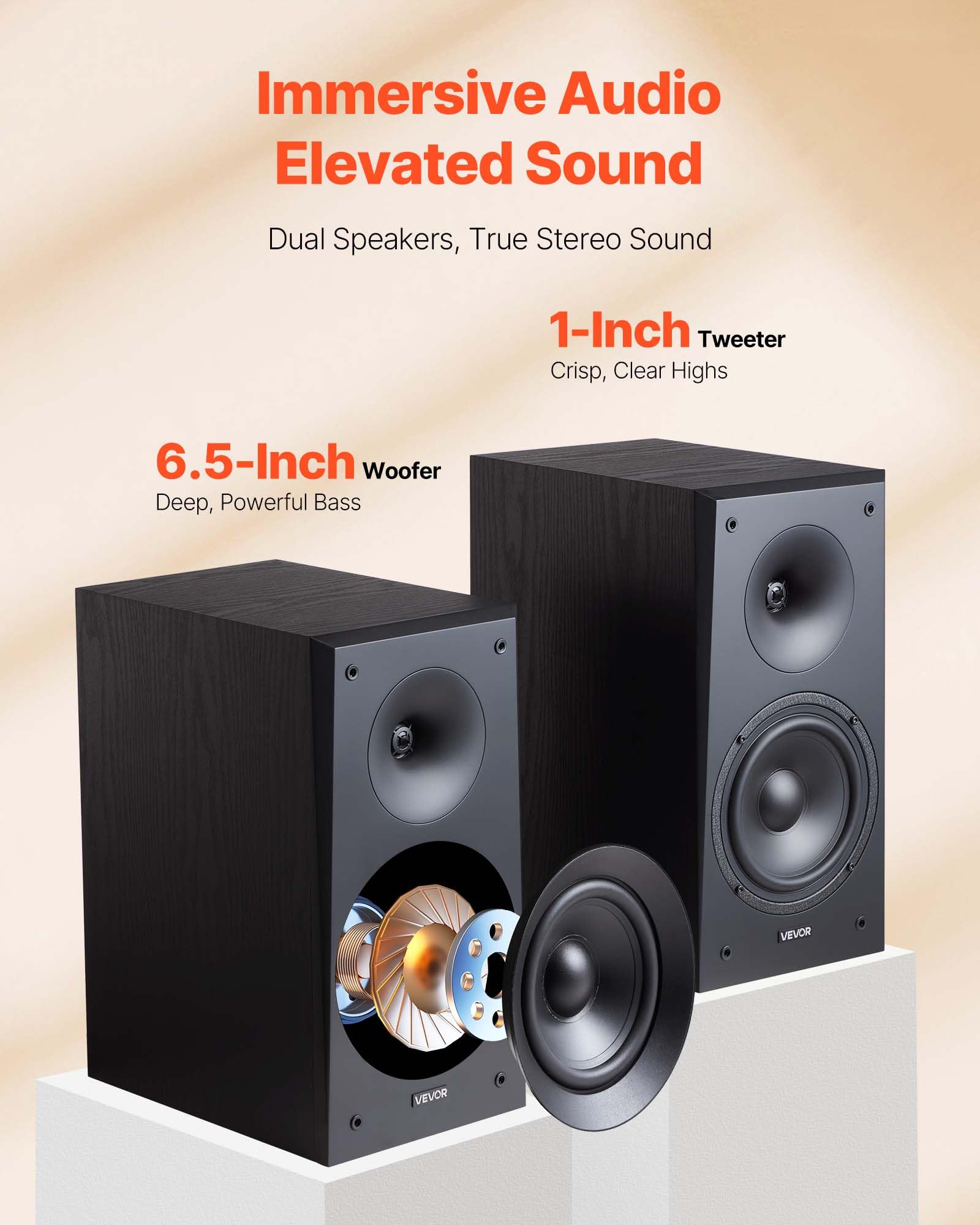 Vevor Passive Bookshelf Speaker, 100W, Book Shelf Stereo Speakers With 6.5-Inch Woofer And 1-Inch Tweeter, Detachable Grille, 55