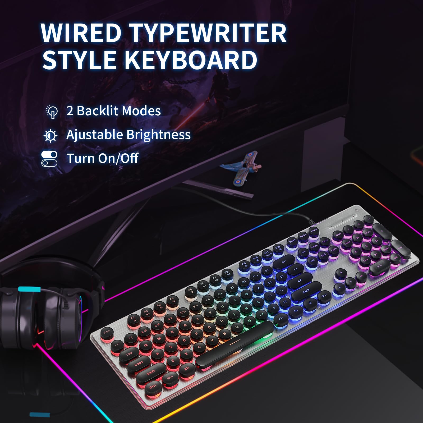 Answk Typewriter Style Gaming Keyboard With Metal Panel, Rainbow Led Backlit, Round Keys, Anti Ghosting, Spill Resistant, Light