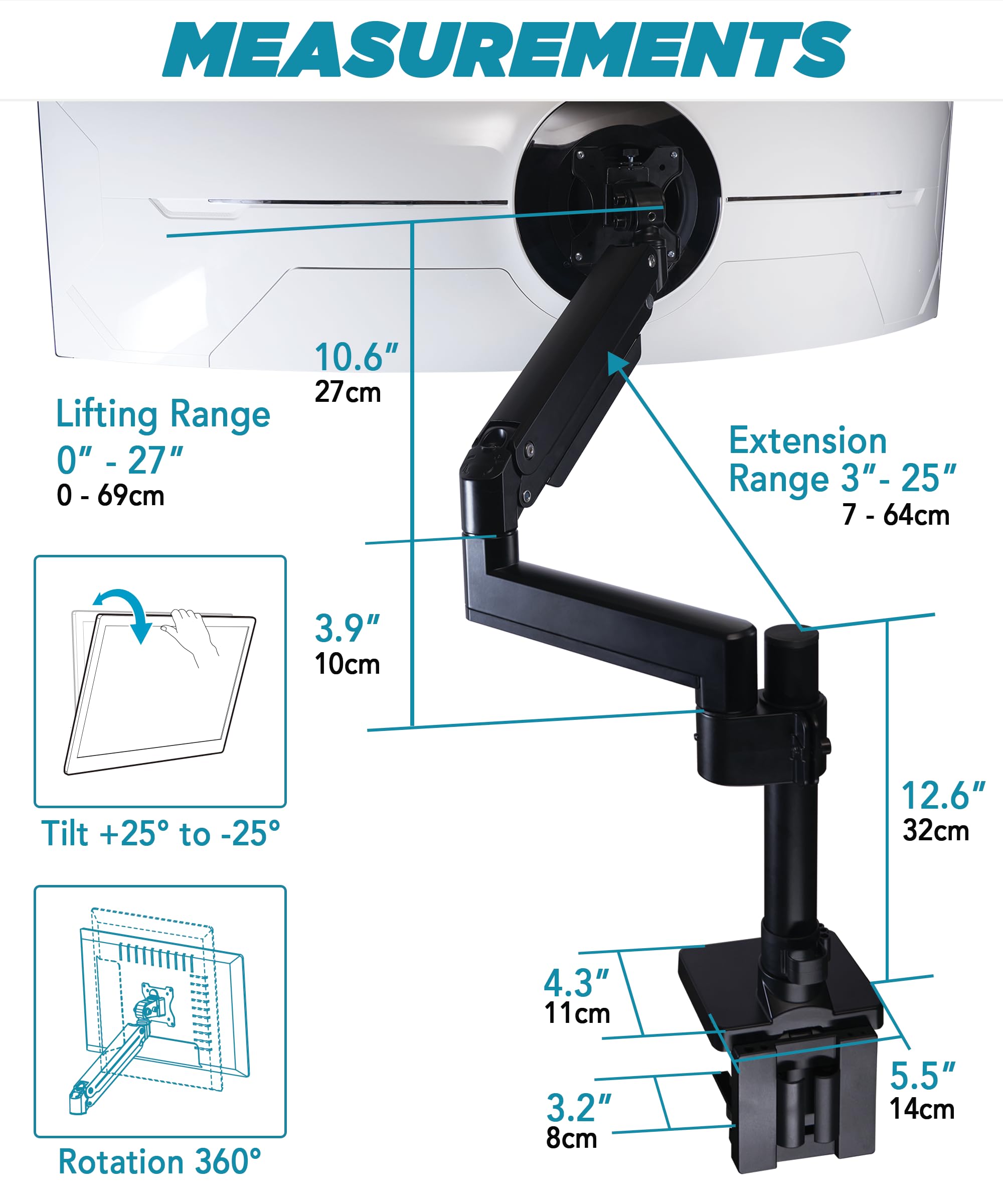 Ultrarm Heavy Duty Monitor Arm For Ultrawide Monitors Up To 57'' And 44 Lbs, Single Desk Stand, Pneumatic Height Adjustable, Mod