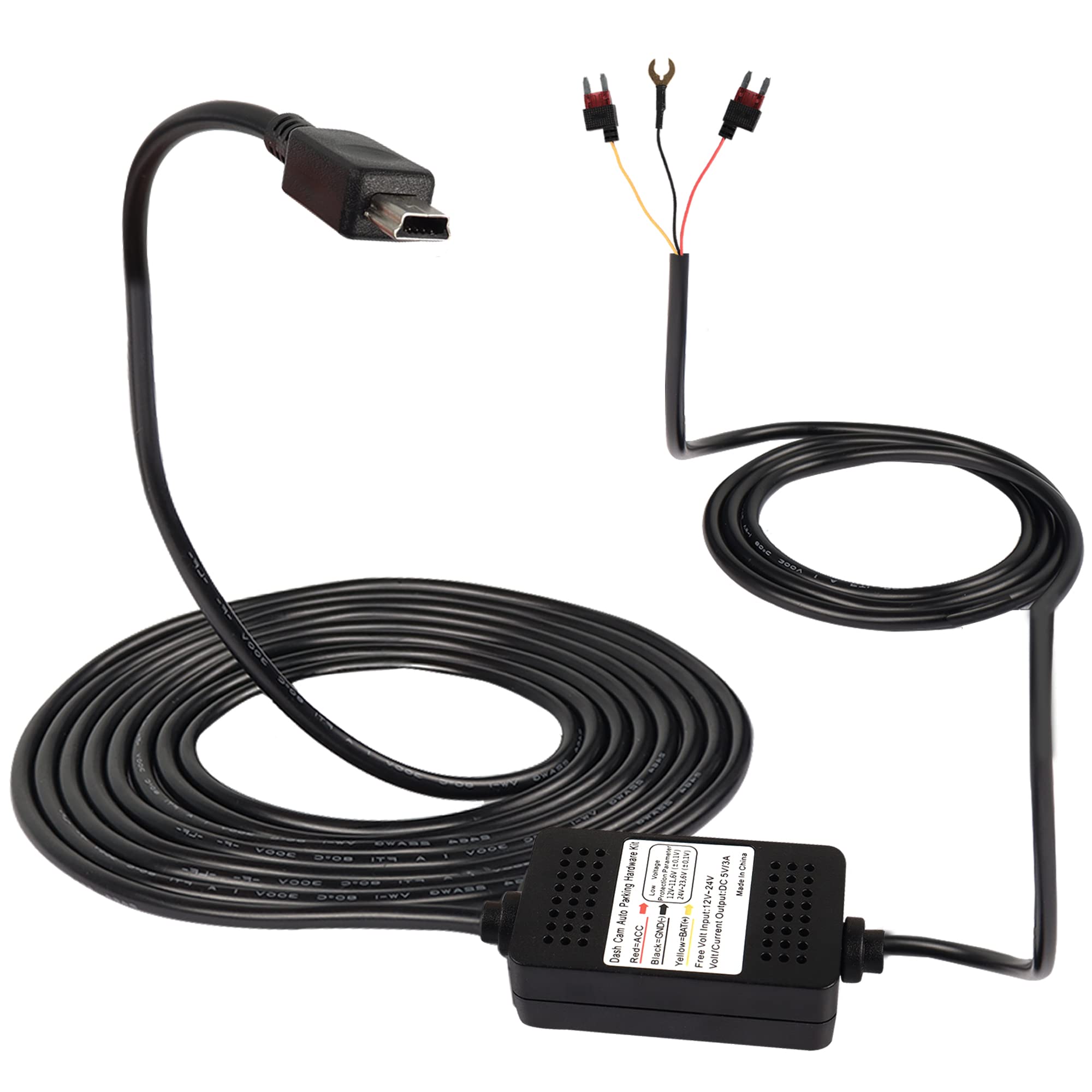 Meiriyfa Dash Cam Acc Hardwire Kit Mini Usb Hardwire Dashcam Kit Step Down Cable, 12V 24V To Dc 5V 3A Car Dash Charger Power Cord For Cars Camera Gps(11.5Ft)