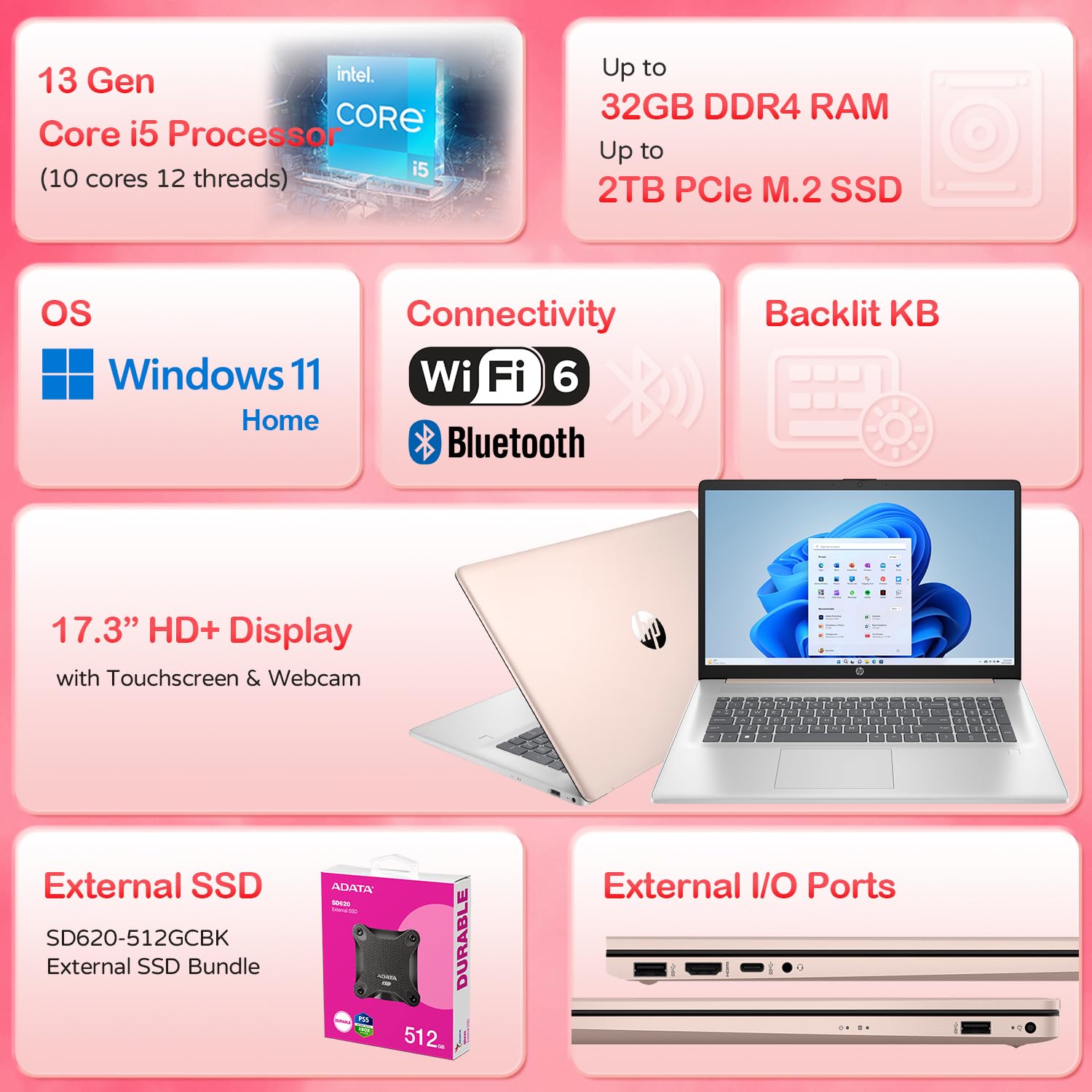 Hp Daily Essential Laptop | Intel Core I5-1334U | 17.3'' Hd+ Touchscreen | 32Gb Ram | 1Tb Ssd | Backlit Keyboard | Fp Reader | W